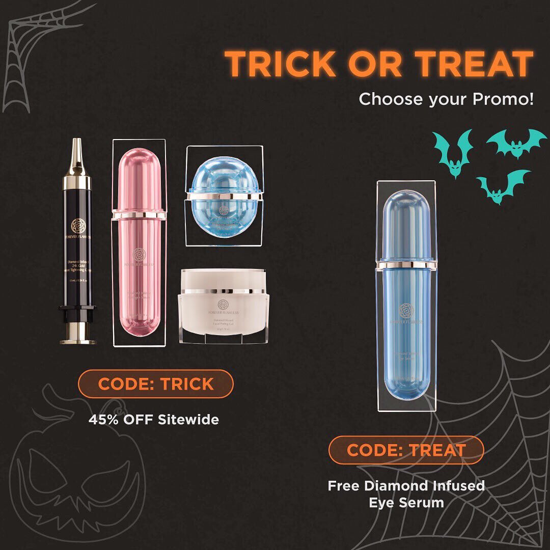 🎃 Trick or Treat 🕯
Choose your promo!
.
.
.
#halloween #halloweencostume #offer #deal #discount #discountcode #trickortreat #foreverflawless #skincare #skincareroutine #skincaretips #skincareproducts #skincarejunkie