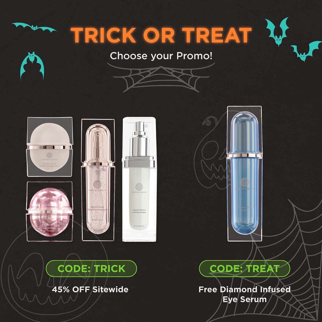 🎃 Trick or Treat 🕯
Choose your promo!
.
.
.
#halloween #halloweencostume #offer #deal #discount #discountcode #trickortreat #foreverflawless #skincare #skincareroutine #skincaretips #skincareproducts #skincarejunkie