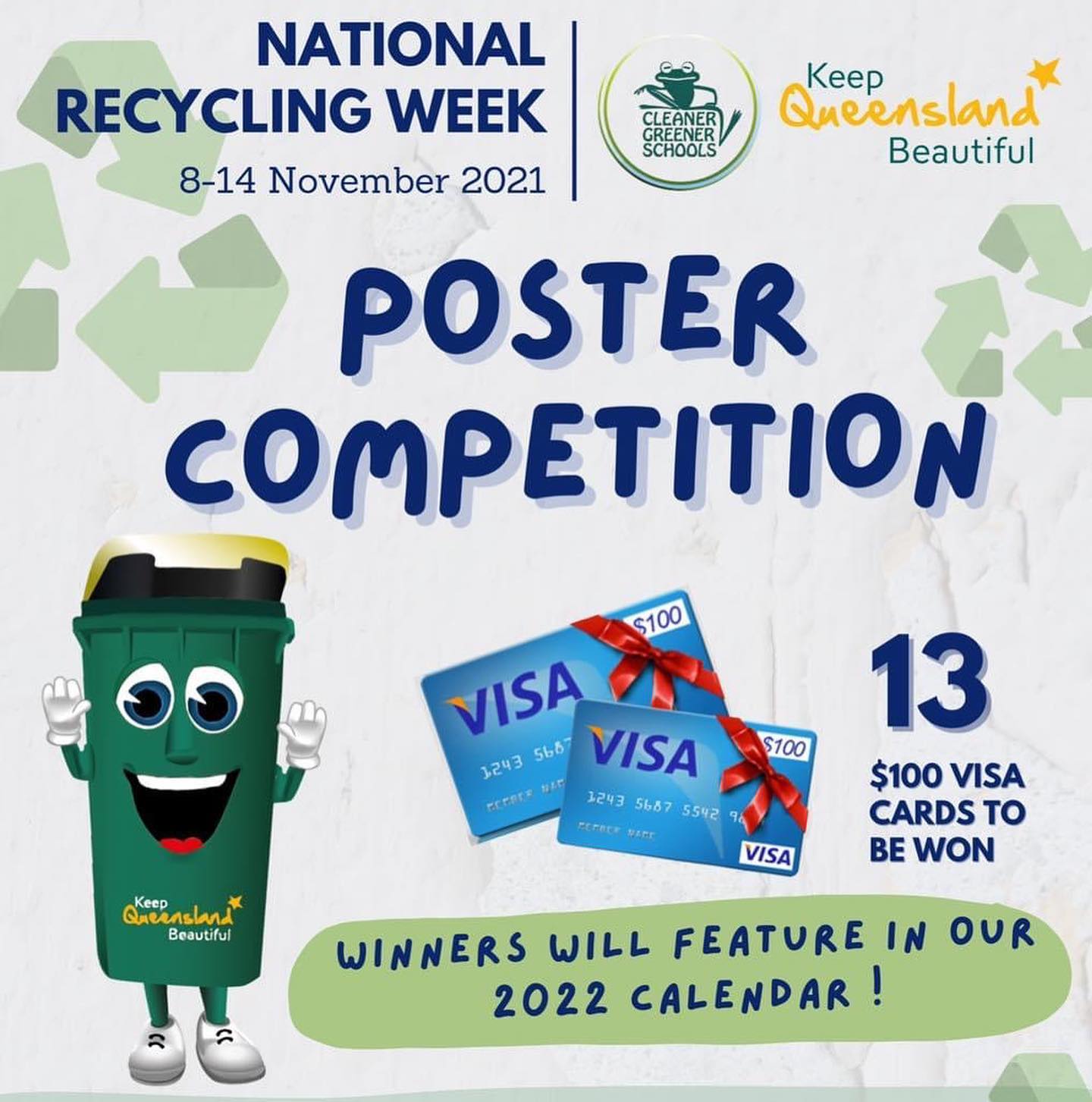 Our National Recycling Week poster competition is open! Win one of 13 $100 visa gift cards and feature in our 2022 calendar!
Scan&Email entries to: info@keepqueenslandbeautiful.org.au
#cleanergreenerschools #queensland #recycling #nationalrecyclingweek #lovequeensland #ourqld #keepqueenslandbeautiful #litter #waste #kabqueensland #educate #education