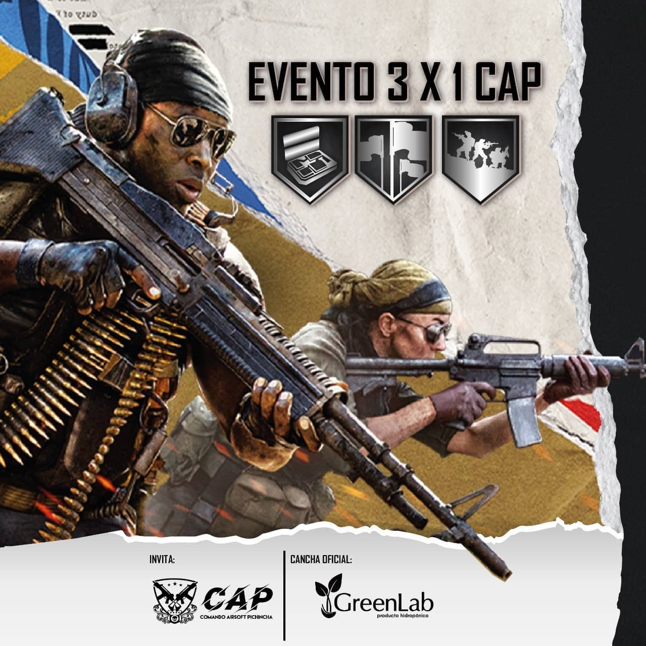 No te pierdas este domingo 21/11 el evento 3x1 Cap.
3 misiones que llevaran al limite tu sentido de estrategia y compañerismo .
Domination
Demolition
Captura la Base.
Invita Comando Airsoft Pichincha - Cancha Oficial Green Labs
Partida abierta
Valor: $5 usd (Incluye Hidratación)