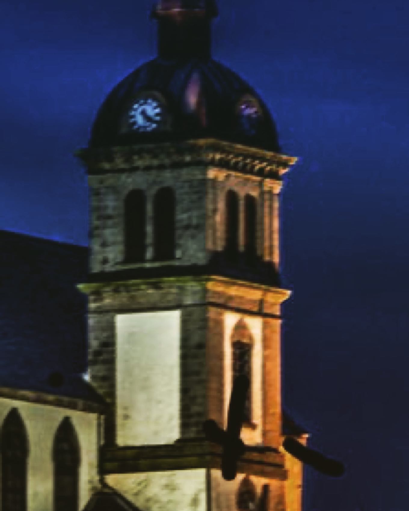 MacDuff Parish Church Tower replaced the original tower and steeple in 1865. It has a clock on 3 sides. The fourth side,facing Banff,was left without a clock. Any trivia buffs, out there, that know why?