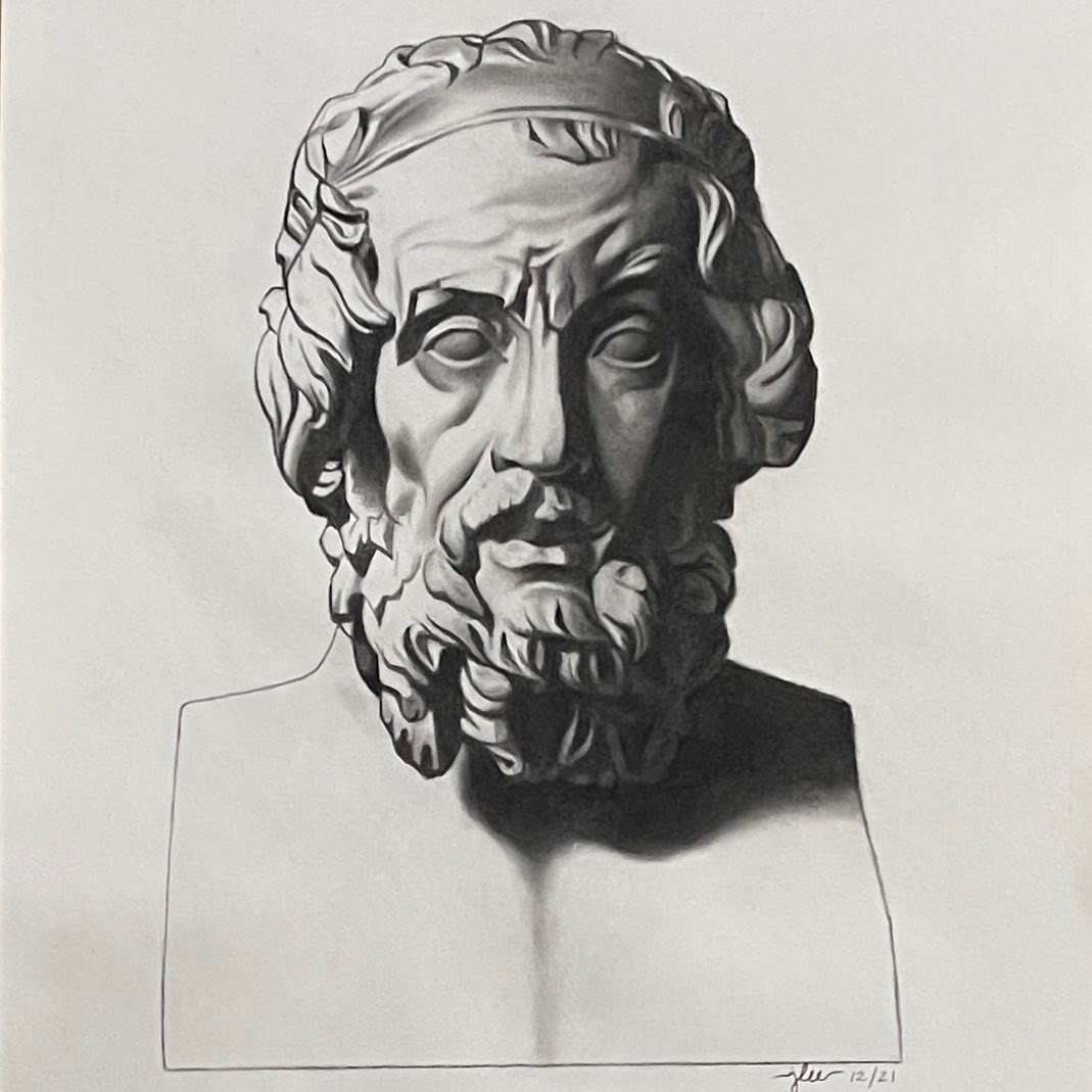 My Final. Bargue plate by the name of Homer. Thank you all for your support and kind words. I have drawn portraits since I was 14, but this class changed how I draw. I now draw upright, hold my pencil differently, use brushes to blend. I draw quicker because it trained me to make quicker decisions. I see negative shapes and angles better. I block in lighter, don’t use my fingers to shade anymore and use erasers to make effects. I highly recommend these classes. For all ages and skill level. @new_world_school_of_art @edsalazarfineart #jwartists #jwart #jwartist