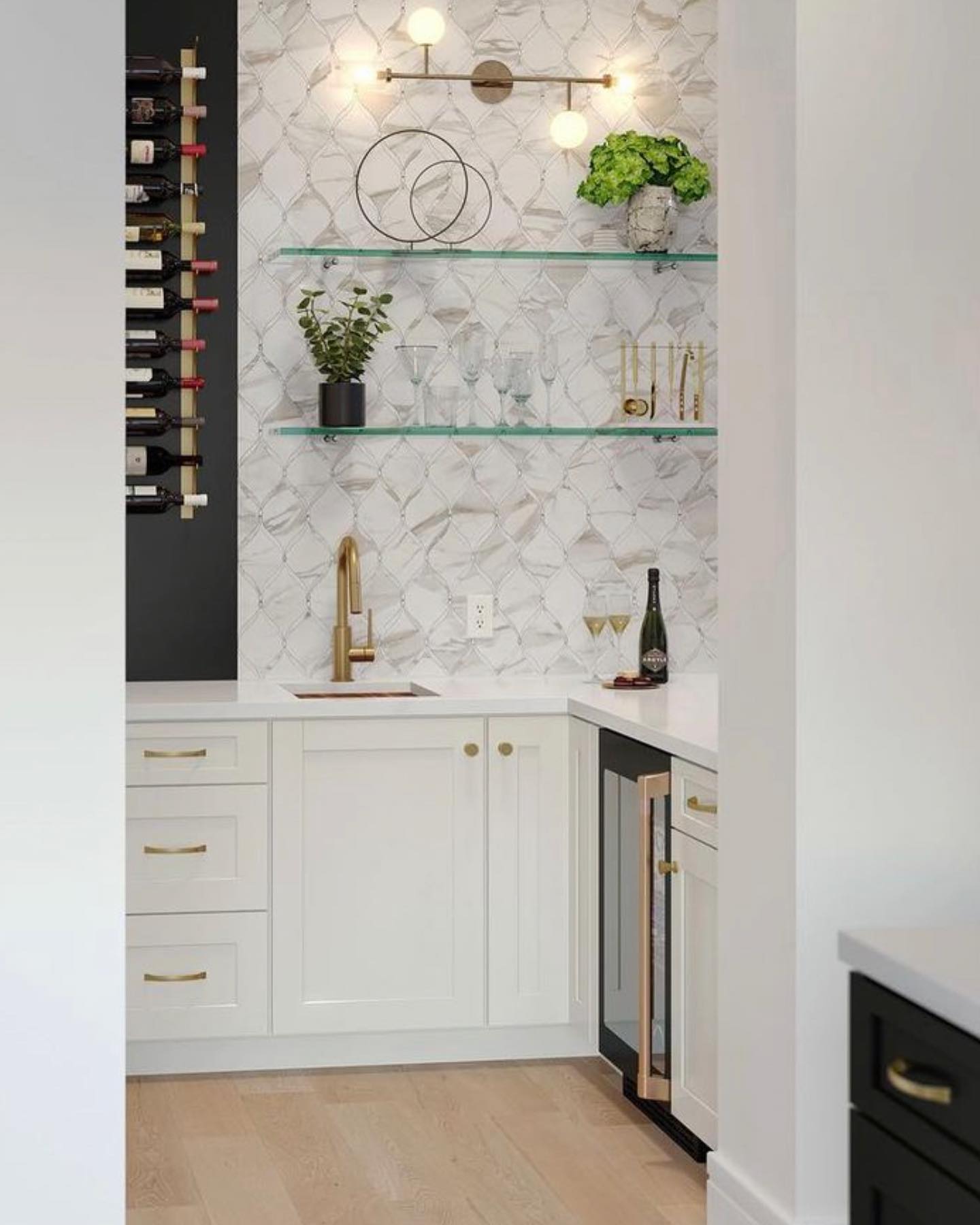 We love the contrast of mixed finishes in cabinets! Check out this bar area from @waypointlivingspaces Looking for A new look! We can provide that with Waypoint Living Spaces! #bars #transitionaldesign #transitionalcabinetry #cabinetrydesign #gilbertcabinets #interiordesign #cabinetry