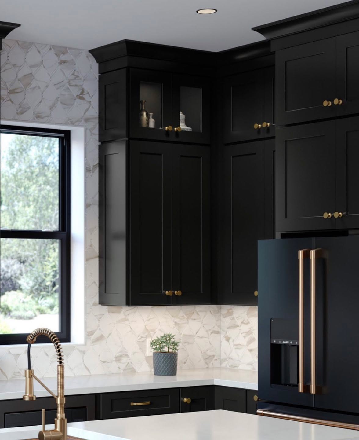 We are in LOVE with the new black cabinets from Waypoint Living Spaces!!! #blackkitchens #blackcabinets #kitchendesign #goldhardware #interiordesign #blackappliances