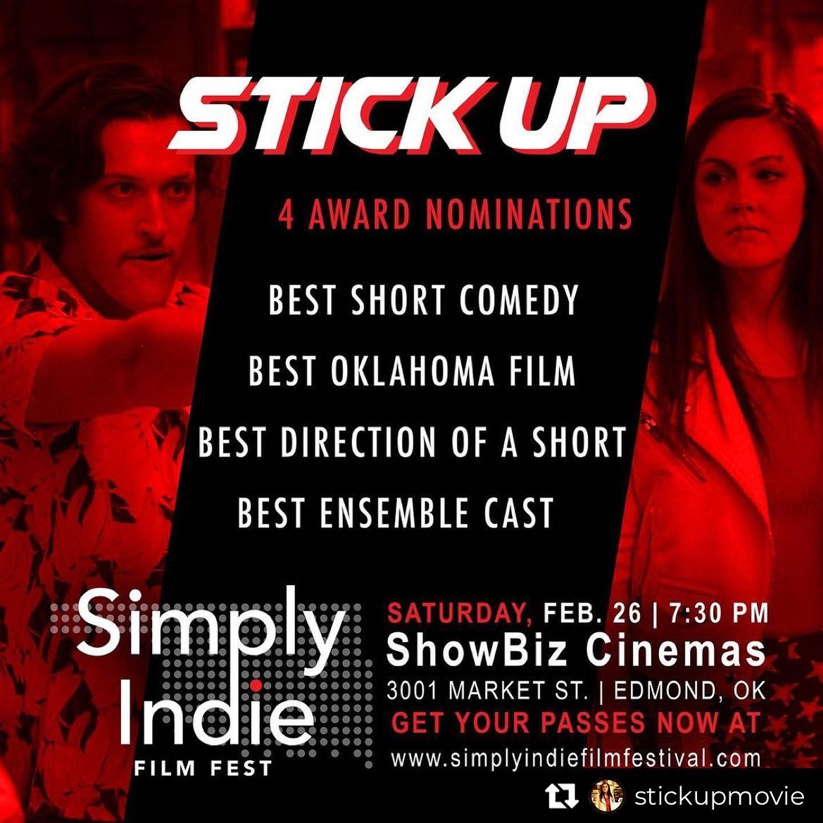 A lot of people have been asking me about when @StickUpMovie will play in OKC again…well this is IT! And not only that, but we are up for FOUR awards! 🥺 Coincidentally, we also happen to be the final film of the festival, so the awards ceremony is right after. Come join us, grab some popcorn, and enjoy our film on the big screen from the comfort of those @ShowBizCinemas reclining seats! 🤩 LINK IN BIO for @simplyindiefilmfest passes. 🤠🎟 #okiefilm #oklahomafilm #indiefilm