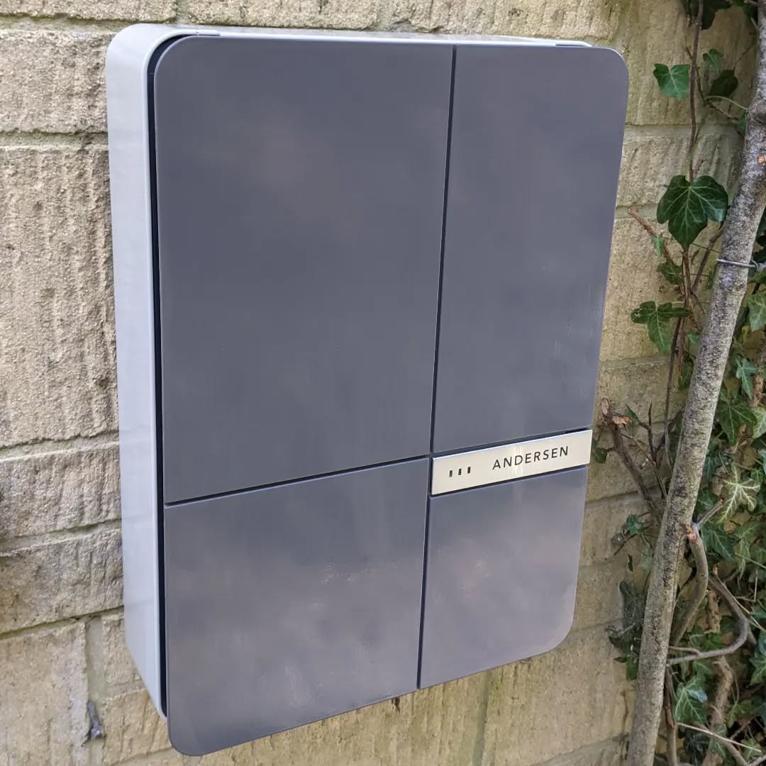 Installed another @andersen_ev A2 charger today. Despite many varied options, contrasting steel front and stone coloured side panels always seems to be a popular choice. #evcharging #electrician #malmesbury #wiltshire #bath #sparkylife