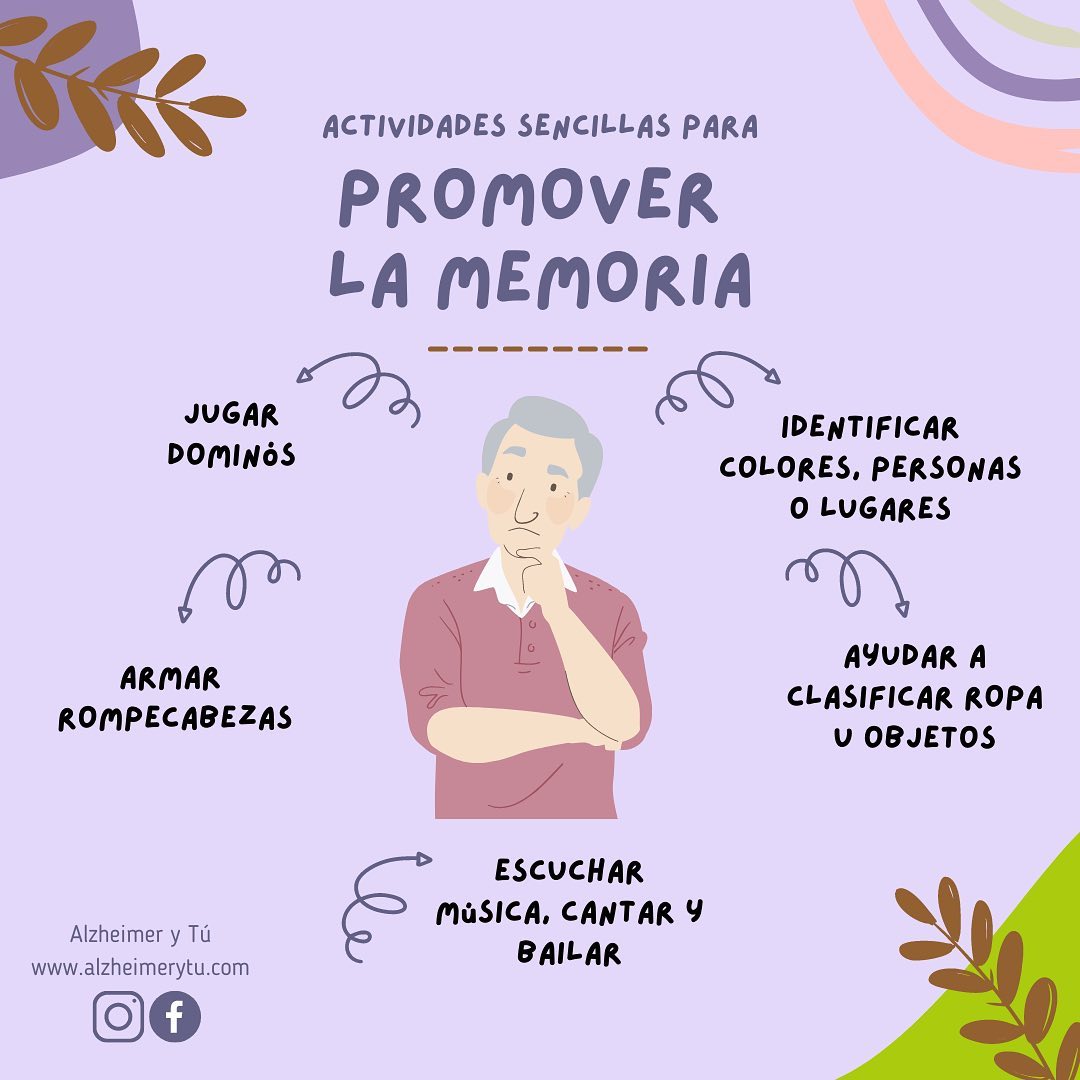 Actividades sencillas para promover la memoria
¡Saludos y feliz lunes! A continuación les compartimos cinco actividades sencillas para promover la memoria.
1- jugar dominós
2- identificar colores, personas o lugares
3- armar rompecabezas
4- ayudar a clasificar ropa u objetos
5- escuchar música, cantar y bailar
Confiemos esta información les sea de utilidad. Los invitamos a compartirla.
#alzheimerytú #alzheimersawareness #prevenciondealzheimer #promoverlamemoria #enfermedaddealzheimer