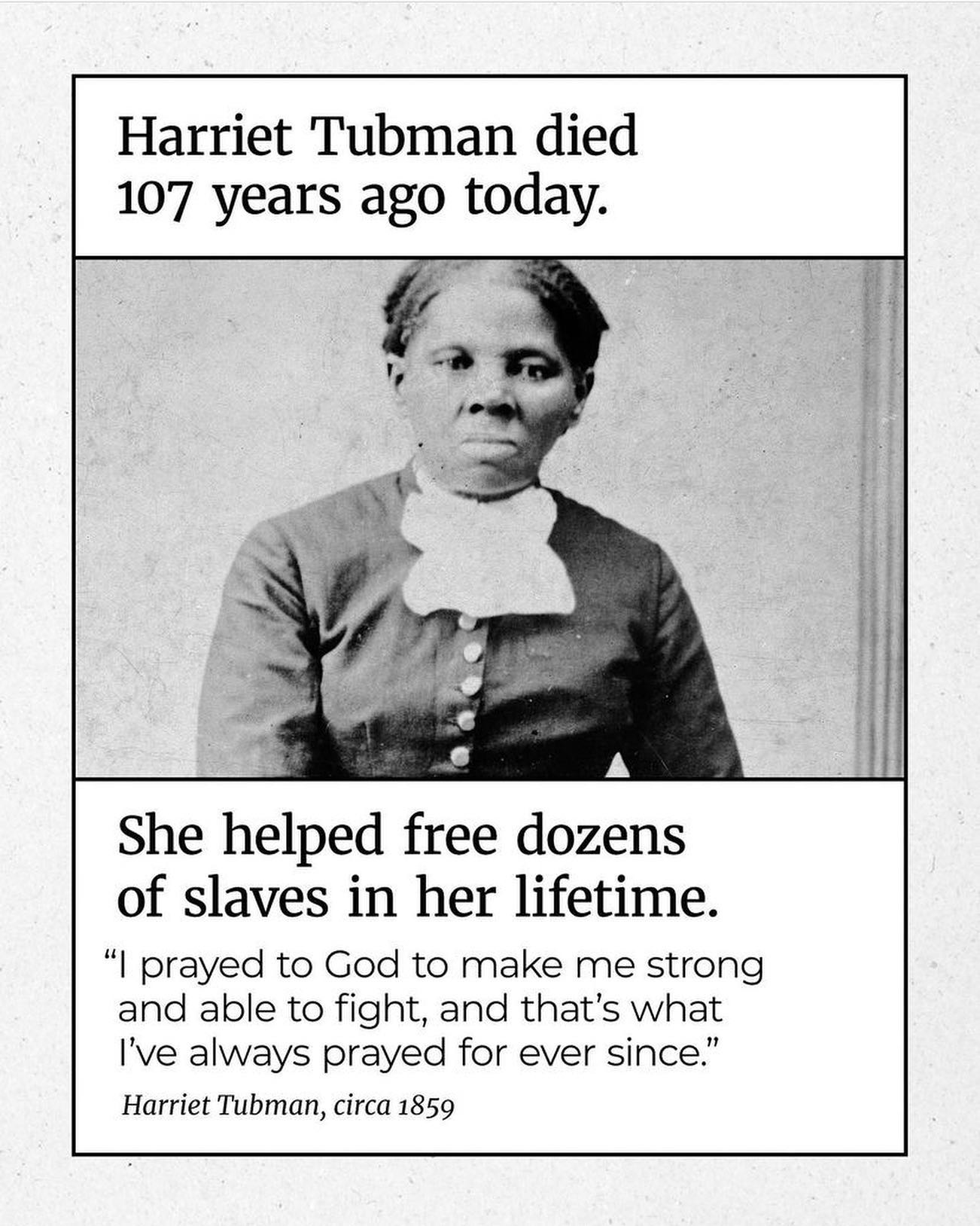 “I Prayed to God to make me strong and able to fight, and that’s what I’ve always prayed for ever since”
✨✨✨✨✨✨✨
✨Harriet Tubman ✨
✨✨✨✨✨✨✨
Happy Harriet Tubman Day
✨✨✨✨✨✨✨
Love to the beautiful collective @harrietsapothecary
I prayed for this community a long time ago not knowing what God was going to bring me. Grateful for y’all 🙏🏾
The last visual provided by the amazing @thefreeblackwomenslibrary
