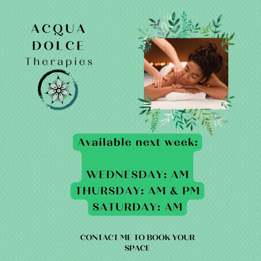 Hello lovely people, this is my availability for next week!
Just a reminder: I practice at @hcnh1982 which is in Belmont, has free big parking on site and it's easy to reach with public transport too!
Wednesday: AM
Thursday: AM & PM
Saturday: AM
Text me, call me or send me an email to have more information about my treatments or if you have any availability different from the times above!
Hope you will have a fantastic Sunday ⭐
Martina
.
.
.
.
.
#herefordshire #hereford #acquadolcetherapies #acquadolce #herefordmassage #holistictherapies #holisticway #holisticmassage #massagetherapy #massagetherapyhereford #massagetherapylife #herefordthingstodo #thingstodoinhereford #welness #wellbeing #takecareofyourself