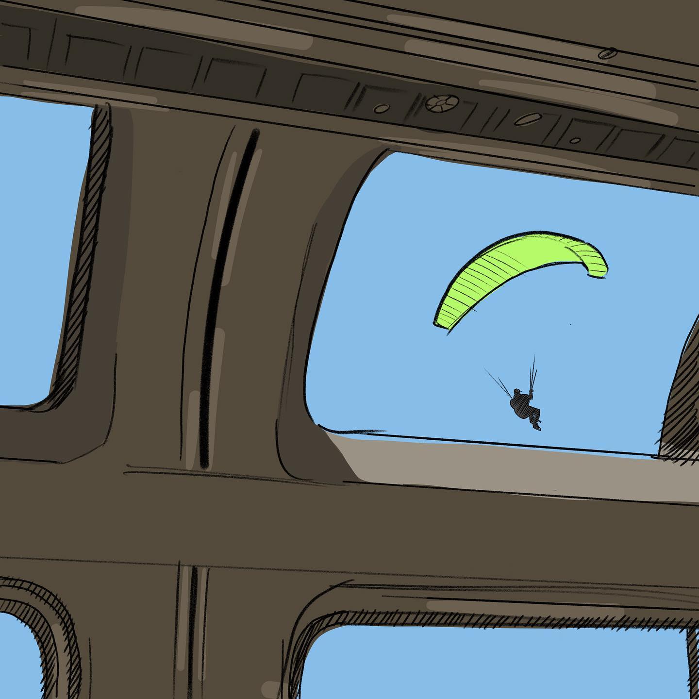 Day 26 Doodle: Amtrak Paraglider
.
Our family has ridden the Coast Starlight train from Los Angeles to Seattle multiple times, but we’ve never seen a paraglider fly by or fly by so closely! This was at Carpinteria Bluffs Nature Preserve along the California coast just south of Santa Barbara.
.
#latergram #amtrak #train #coaststarlight #observationcar #paraglider #paragliding #dailydoodle #sketch #digitalart #adobefresco