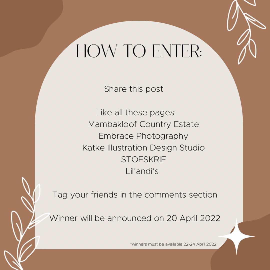 ✨How to enter✨
Share this post on your story
Follow all these accounts:
@mambakloof
@embrace.photo
@katkedesign
@stofskrif
@lil_andis
Tag your friends in the comments section.
Winner will be announced on 20 April 2022