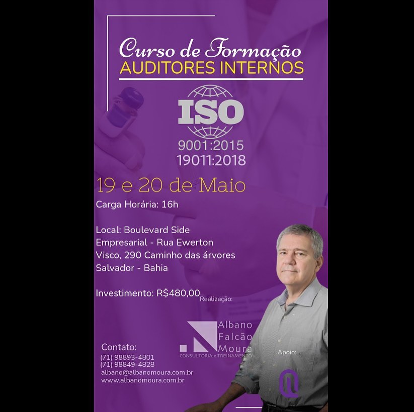 A AFMCT, em colaboração com o QOCKPIT, anuncia o Curso de Formação de Auditores Internos.
A formação dos auditores internos, responsáveis pela avaliação e melhora da eficácia dos processos, traz imensuráveis benefícios para a organização.
Referência no segmento, Albano compartilha como os auditores líderes de organismos de certificação ISO planejam e executam as auditorias, ensinando na prática a fazer auditorias internas iguais as de certificação, garantindo a adequação às normas ISO 9001:2015 e 19011:2018 e auditores capacitados para avaliar e examinar os processos internos, traçando planos de ação em conjunto com os gestores.
Entre em contato pelos canais ou no link na bio para tirar dúvidas e fazer sua inscrição!
(71) 98893-4801
albano@albanomoura.com.br