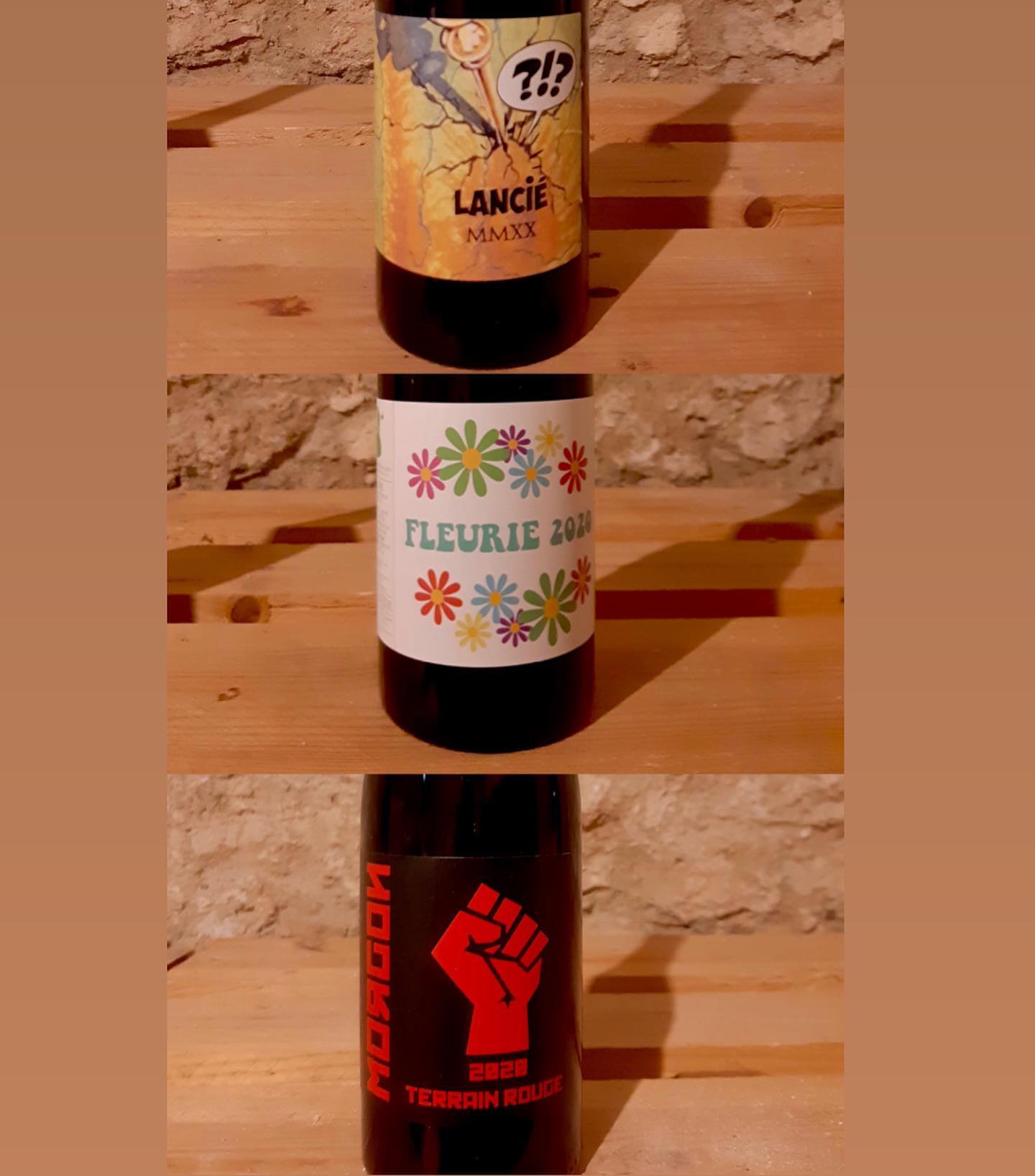 Les 3 bouteilles « funky » sont des vins bio sans sulfites, de Nestor Belicard (@domainenestor) #Vin #Wine #Gayvins #gayvinssuisse