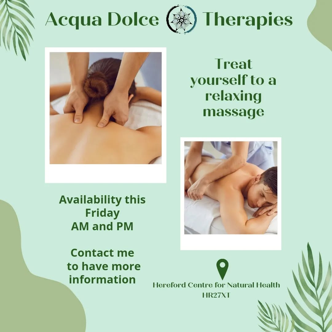 It's just Tuesday but you're feeling tired already?
This is something else to look forward for the weekend as well as the sunshine 🌞
Treat yourself to a relaxing holistic massage
Last minute availability for this Friday AM and PM!
Contact me to book your slot!
.
.
.
.
#herefordshire #herefordshiremassage #herefordholistic #herefordmassage #herefordsmallbusiness #herefordholisticmassage #acquadolcemassage #acquadolcetherapies #acquadolcehereford #acquadolce #holisticway
#holistictherapies #holisticapproach #massagetherapyhereford #massagetherapylife #holisticmassage #acquadolcemassagehereford
#herefordshirebusiness
#hereford