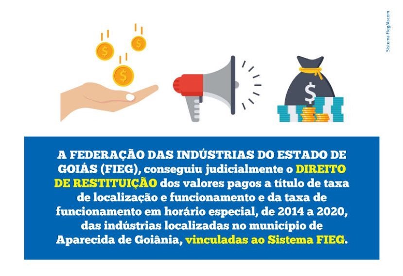 *Sua indústria poderá restituir os valores pagos de 2014 a 2020 indevidamente devendo adotar o seguinte procedimento.*
1º Acesse o site do seu sindicato ou site da FIEG (fieg.com.br) e clique no banner em destaque.
2º Faça o download do Requerimento e Procuração e preencha-os corretamente.
3º Envie um e-mail intitulado como “Isenção taxa Aparecida de Goiânia” para taxadefuncionamento@fieg.com.br anexando os seguintes documentos:
- Requerimento preenchido e assinado;
- Procuração preenchida e assinada;
- Contrato social;
- Documento do sócio e/ou diretor responsável pela assinatura da procuração;
- Documento Único de Arrecadação Municipal (DUAM) referentes as taxas de localização e funcionamento e de funcionamento em horário especial de 2014 até 2020;
- Comprovante de pagamento das taxas de localização e funcionamento e de funcionamento em horário especial de 2014 até 2020;
- Dados bancários em nome da pessoa jurídica para recebimento dos valores.
Somente indústrias em Aparecida de Goiânia-GO
Para maiores esclarecimentos, colocamos a disposição a Dra. Lara Meireles através do telefone (62) 98318-1238 e equipe do escritório CAMARDELLI CANÇADO SOCIEDADE INDIVIDUAL DE ADVOCACIA, responsáveis pelo processo.
