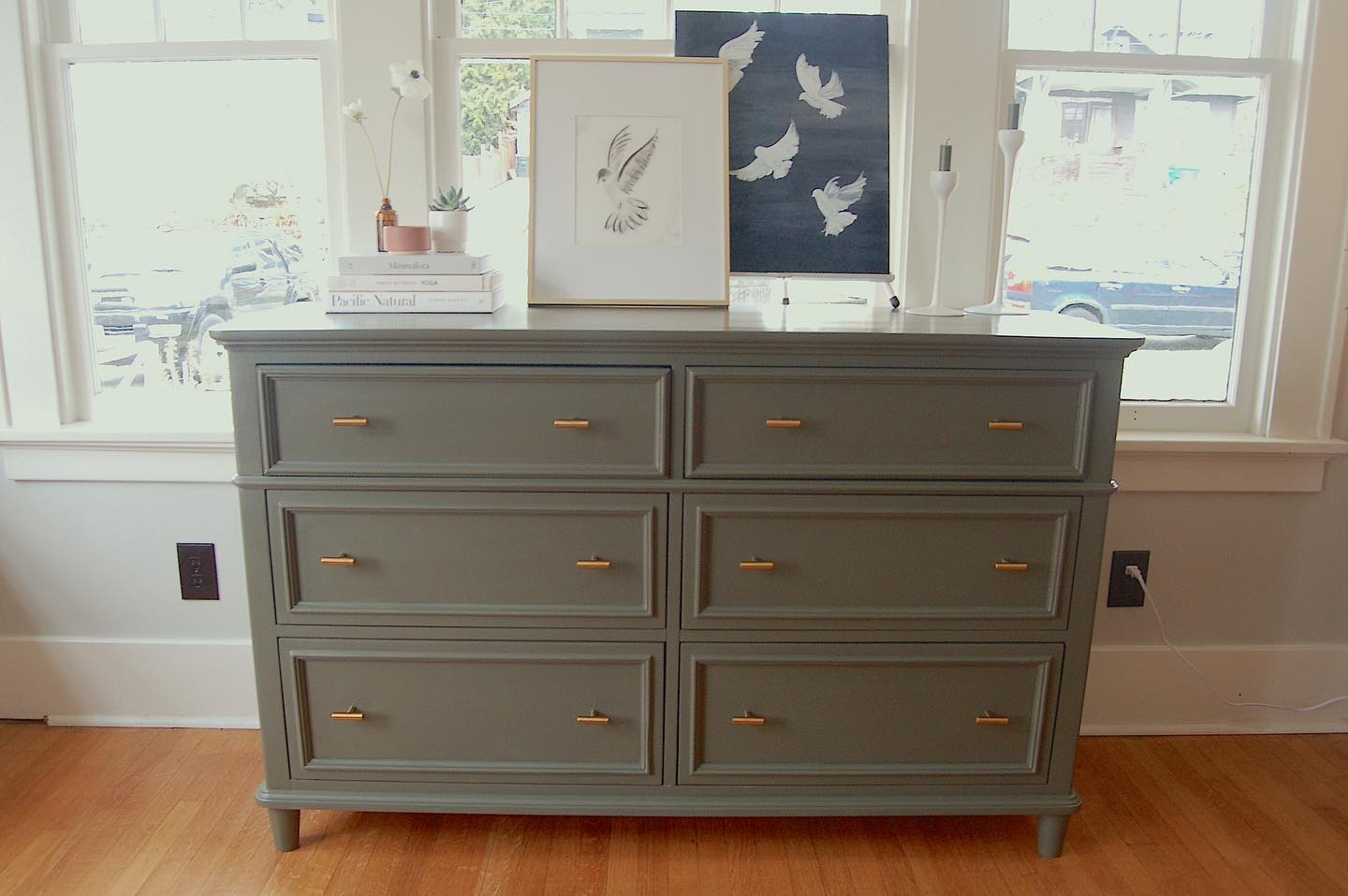 SOLD Beautiful Dark Olive dresser. This one started quite a few commissioned piece requests! Swipe for the “before”