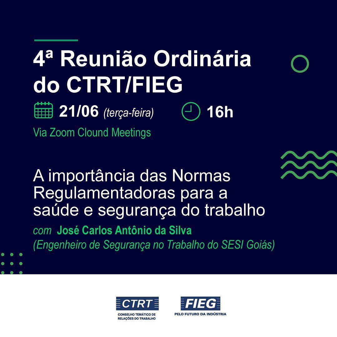 *CONVITE | Reunião CTRT* ⚖️
O presidente do *Conselho Temático de Relações do Trabalho (CTRT)* da Fieg, *Marley Rocha*, convida conselheiros e empresários goianos para a 4ª Reunião Ordinária do colegiado para discussão do tema:
✅ *A Importância das Normas Regulamentadoras para a Saúde e Segurança do Trabalho.*
O encontro contará com participação do gerente de Segurança no Trabalho do Sesi Goiás, *José Carlos Antônio da Silva*.
📝 *Já anote na agenda!*
Data: 21/06 (terça-feira)
Horário: 16 horas
_Via Zoom Cloud Meetings_
💻 *Acesse:* https://us02web.zoom.us/j/84568626822?pwd=anRaRWo5cGNUUExnR29KZ2tvWEludz09
ID da reunião: 845 6862 6822
Senha de acesso: 103185
🎯 *Participe, fique por dentro e tire suas dúvidas!*