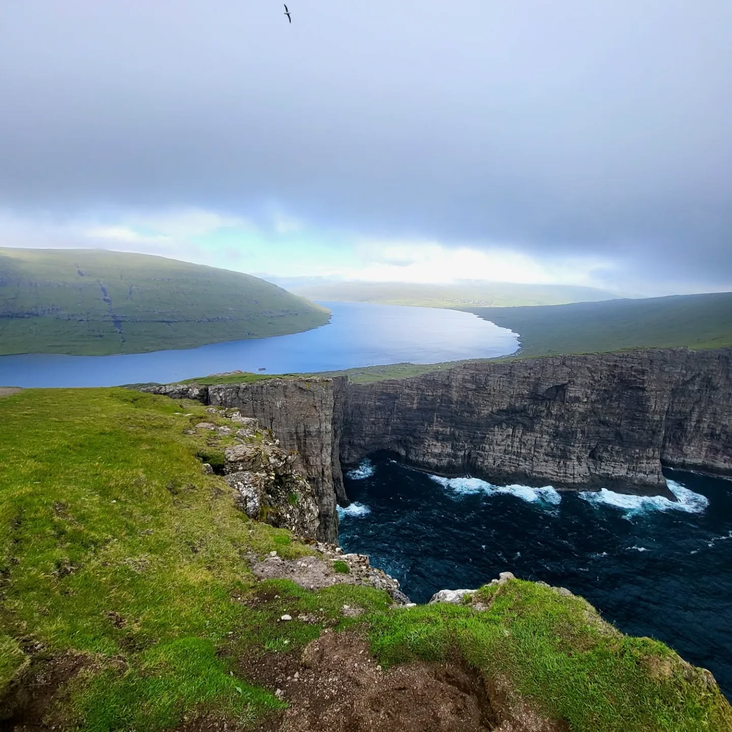 Färöer Islands - a water island where the ocean, fjords and lakes are breathtaking #trælanípa #slavecliff #lake above the ocean - can you see which is the lake and which the ocean? #bøsdalafossurwaterfall #cliffs #foggy #rain #stunning #mystic #📸 @fadah920 #hikingadventures #green #färöer