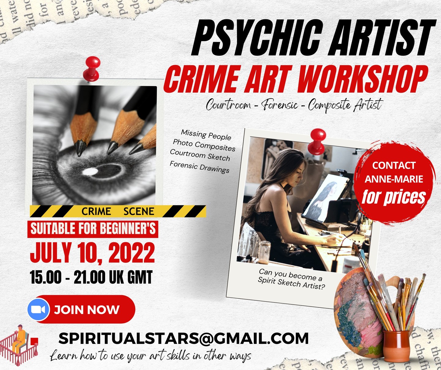 Psychic Art Crime Drawing Workshop for Beginners
☀️☀️☀️
Sunday 10 July 2022
3pm-9pm UK BST
Online Workshop via Zoom
You do not need to know how to 'draw' to sign up for this course. Interested in learning how to become a Spirit artist or Psychic artist? This Sunday, come and learn the other areas to apply your art to produce healing in more ways than Spirit Portraiture with Mediumship.
For prices and to sign up email: spiritualstars@gmail.com
3 spaces left
-----
Tutor: Anne-Marie Bond TAP.Dip, DSNU
SHARE if you know someone that maybe interested ❤️