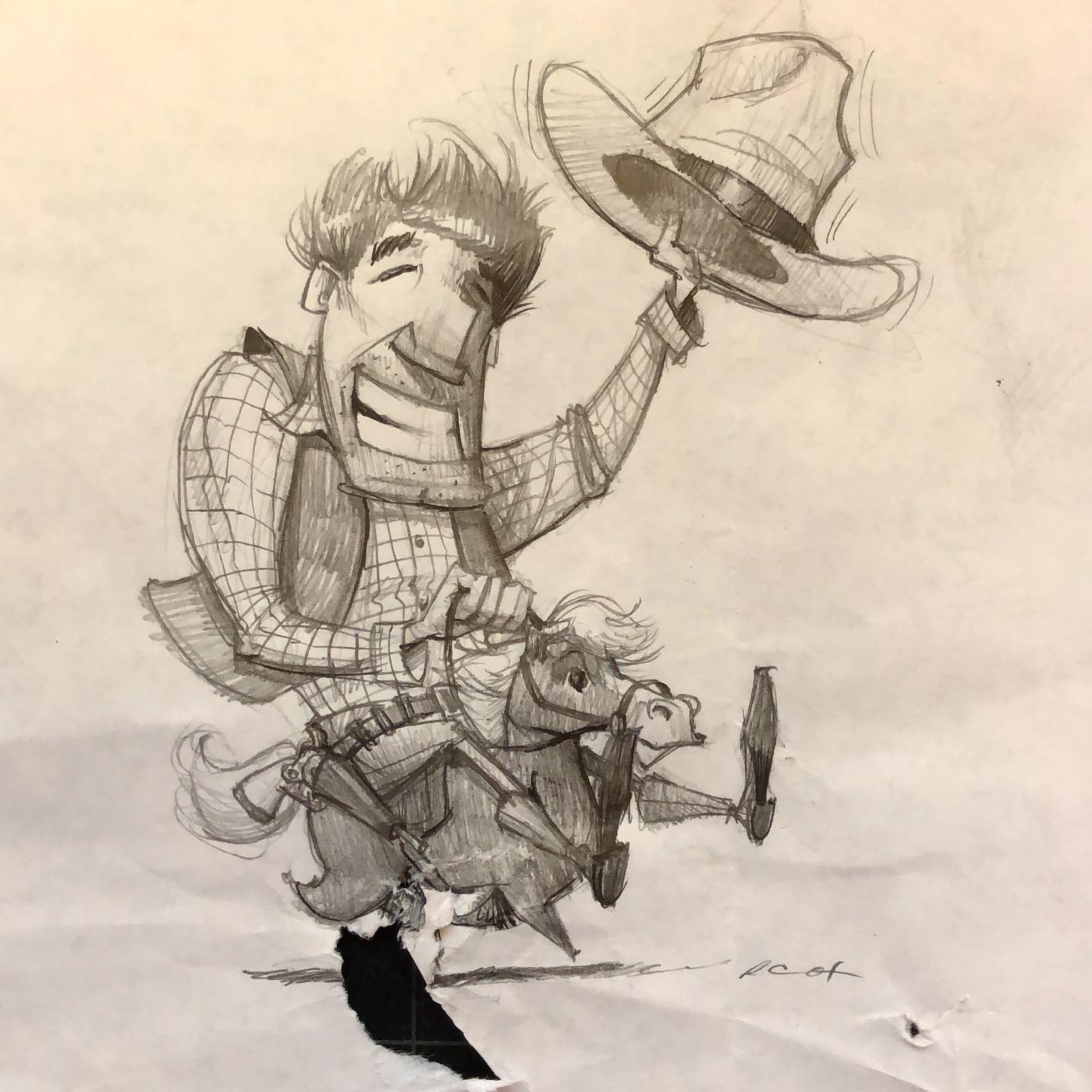 This what happens when a feline art director does not approve of a doodle. #doodle #sketch #cowboy #horse #torn #rip #artdirector #kidlit #kidlitart #instaart #instaartist