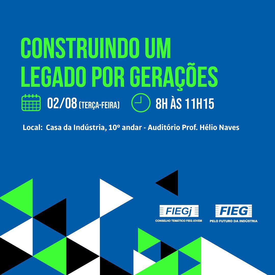 *CONVITE | FIEG JOVEM*
A presidente da Fieg Jovem, *Thais Santos*, convida empresários e profissionais do setor para o evento:
✅ *Construindo um Legado por Gerações.*
📝 *Já anote na agenda!*
🗓️ Data: 02/08 (terça-feira)
🕓 Horário: 08 às 11h15
📍 Local: Casa da Indústria, 10° andar
_*Com participação do presidente da Fieg, Sandro Mabel, e do empresário Nestore Scodro.*_
🖱️ *Inscreva-se gratuitamente no link:* https://www.sympla.com.br/construindo-um-legado-por-geracoes__1656090
➡ *Fique por dentro da programação completa do evento* 👇
