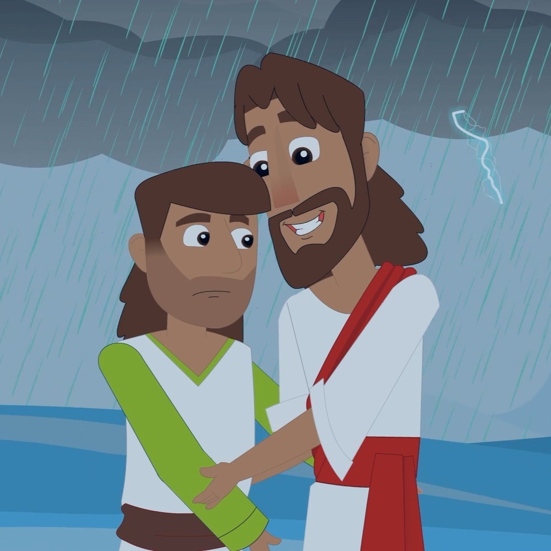 Eftir að Jesús hafði gefið þúsundum að borða eftir gjöf stráksins með fimm brauð og tvo fiska, sendi hann fólkið heim og lærisveinana út á bát yfir vatnið. Jesús fór upp á fjall til að vera einn. Þá skall á stormur og lærisveinarnir áttu erfitt með að halda bátnum á floti. Þeir sáu þá eitthvað í fjarska. Þeir héldu fyrst að það væri draugur en það var Jesús. Pétur var ekki sannfærður og vildi fara úr bátnum og til Jesú en þegar Pétur sá storminn fór hann að sökkva. Jesús tók í hönd hans og hjálpaði honum upp. Þegar þeir stigu um borð í bátinn lægði vindinn. Jesús er sannarlega sonur Guðs.