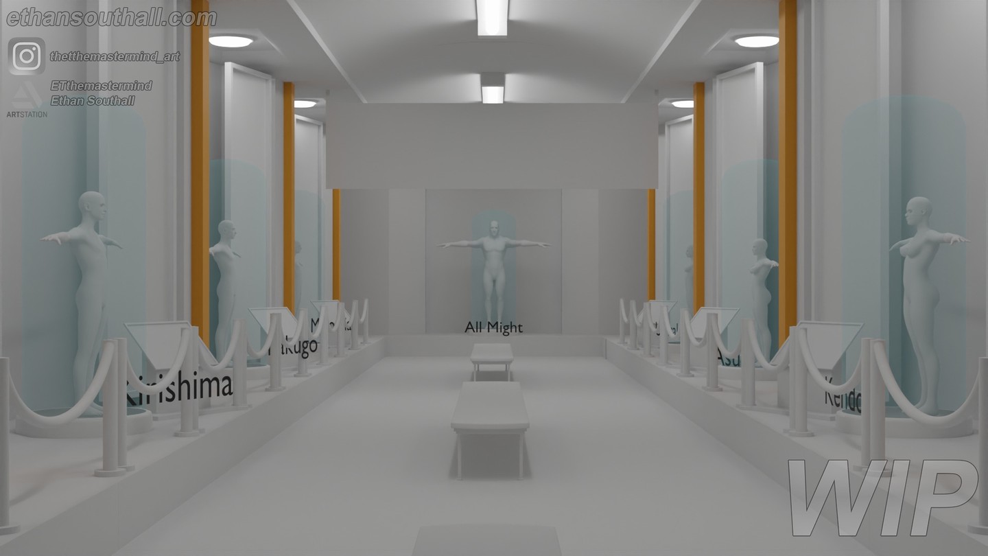 Soooo I've started another project that I'm going to be working on alongside my Hannah Toomes character. This project is going to be a segment of a Hero Museum with exhibits for 7 heroes (All Might, Midoryia, Bakugo, Kirishima, Uraraka, Asui and Kendo). So far, I have got a whitebox for the scene, as well as the beginnings of Uraraka's hero costume. As I tend to try to do more realistic texturing, I hope to be able to talk with some cosplayers about using their photos as part of the hero exhibits, instead of using shots from the anime. #mha #myheroacademia #allmight #izukumidoriya #katksukibakugo #eijiroukirishima #ochakauraraka #tsuyuasui #istukakendo #blender3d #blender #3dartist #3dart