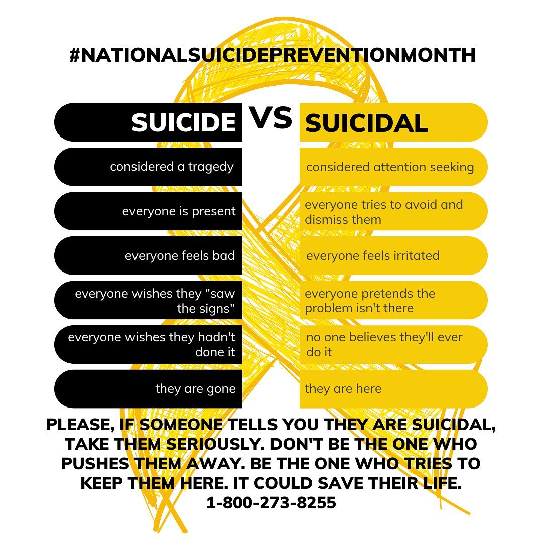 “Regarding the question of suicide, keep it a question. It’s not really an answer.” – Peter McWilliams
#nationalsuicidepreventionmonth
Please, if someone tells you they are suicidal, take them seriously. don't be the one who pushes them away. be the one who tries to keep them here. it could save their life.
1-800-273-8255
#youarenotalone #suicideprevention #chooselife #mentalhealth #depressionawareness #anxiety #grief #endthestigma #love #ptsd #ptg #growthmindset