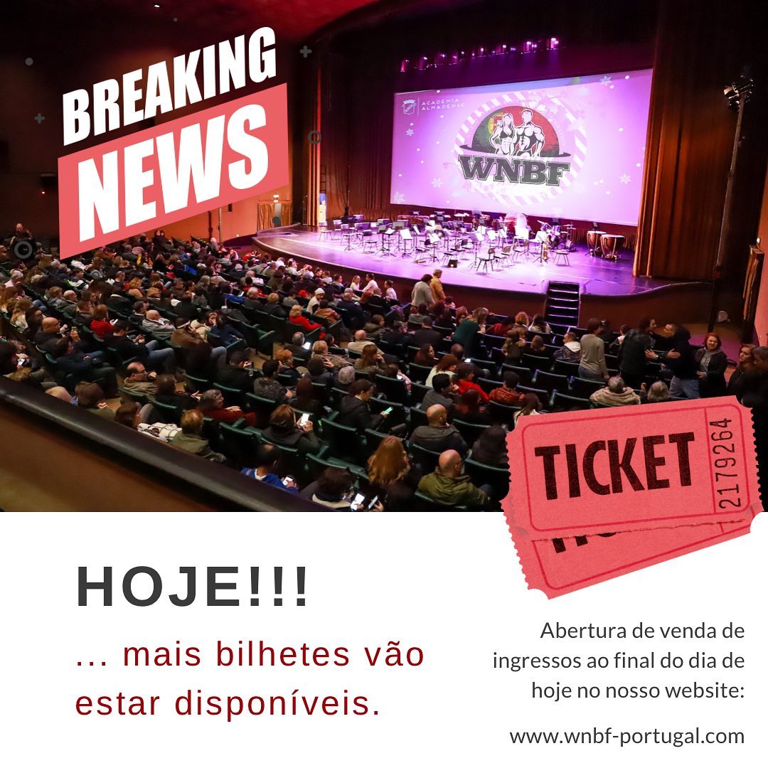 🚨 Hoje ao final do dia já vais poder adquirir (mais) bilhetes de plateia 🎫 🎭
👉🏼 o local / morada é o mesmo, só mudamos para uma sala com mais lugares.
👉🏼 quem já adquiriu, pode adquirir mais, mas os lugares anteriores já comprados não mudam.
👉🏼 quem reservou previamente comigo por mensagem e não recebeu email ou fez pagamento, deve adquirir através do nosso website e escolher os lugares que mais gostar.
👉🏼 qualquer coisa entre em contato connosco.
#wnbfportugal #wnbf #culturismo #bodybuilding #naturalbodybuilding #antidoping #portugal #almada #almadaportugal #portugalfit #portugalfitness #portugalphysique #estamosjuntos #atletanatural #eliteleague #wnbfpro #wnbfexperience #wnbflife #fitlife