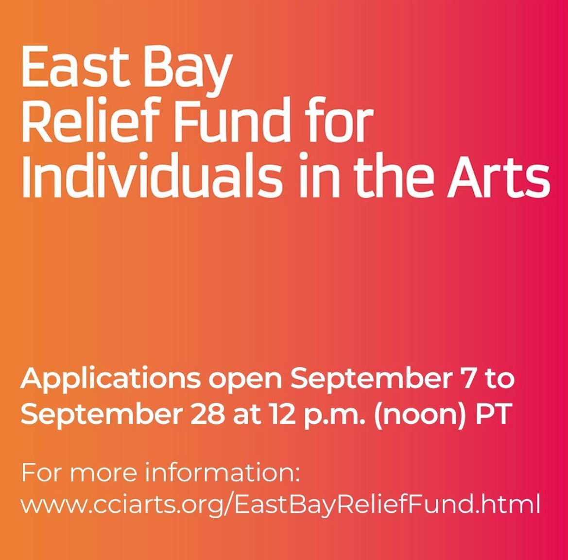 Repost from @cci_arts
STAY TUNED: The East Bay Relief Fund for Individuals in the Arts returns!
Starting September 7, artists, teaching artists, culture bearers and nonprofit arts workers living in Alameda and Contra Costa Counties will be able to apply for up to $2K in grants. The Fund aims to support those in historically underserved communities who are financially vulnerable due to the ongoing economic crisis. Applications will be accepted from Wednesday, September 7, 2022 to Wednesday, September 28, 2022, at 12 p.m. (Noon) PT.
For more information, visit: https://www.cciarts.org/EastBayReliefFund.html (link in bio)
The East Bay Relief Fund for Individuals in the Arts is a pooled fund with $412,496. It is led by Kenneth Rainin Foundation with support from Hellman Foundation, Phyllis C. Wattis Foundation, Gerbode Foundation, and East Bay Community Foundation.
#EBayArtistsRelief