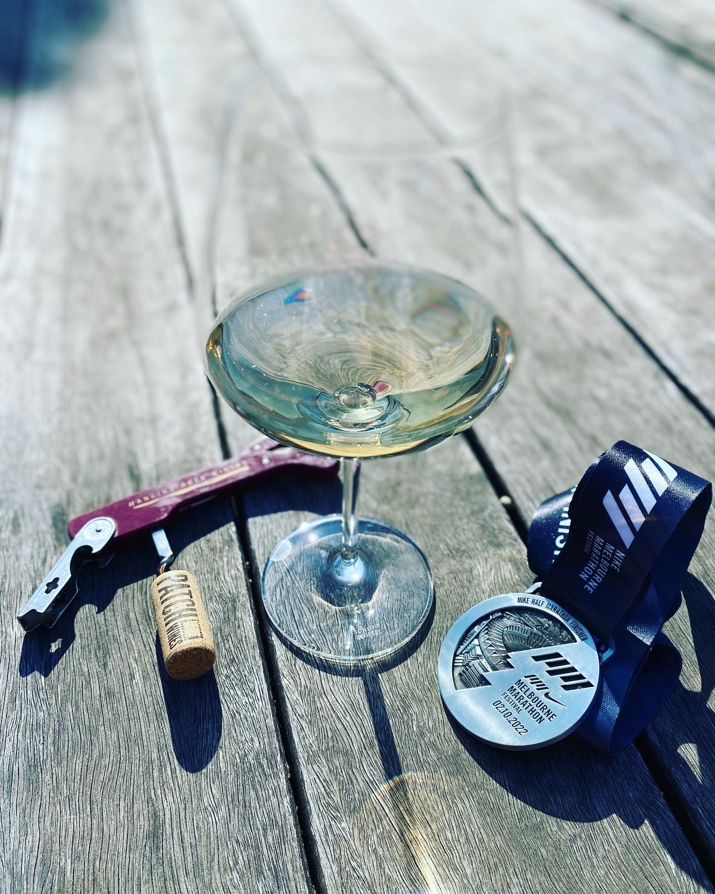 Well actually that was fun. Never dodged and weaved around quite so many people. What a stunning day! Time for a refreshing @patch_wines Marsanne (coming soon!) Thanks for the reliable corkscrew @hangingrockwinery #melbournemarathon #timetostretch #bestcorkscrew #whatarewegoingtorunnext?