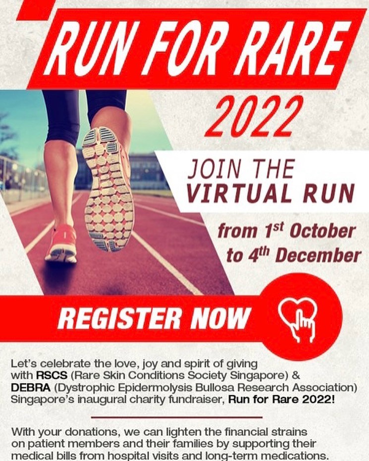 Hi 👋 Come join us in raising awareness (and funds) for those with rare skin conditions! Donate *any amount* to register and run/walk/cycle/blade! 🏃♀️🚶♂️🚲🛼 Use code O 0016L (team debra) or sign up as an individual! And don't forget to reserve your tickets for the Fun Day on December 3rd at 9am (first 100 participants get a fabulous goody bag with exciting skin care products!!🙈)
Step up to help support those with rare skin conditions in Singapore!!🥳❤️