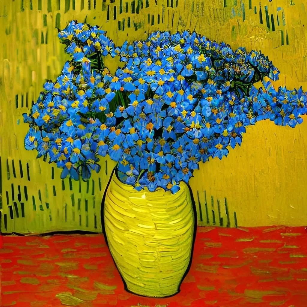 Vergissmeinnicht
Machen wir nicht, die Erinnerung bleibt
Viele Vergissmeinnicht, in Vasen, in Flaschen, als Kopfschmuck, eine Ruine einer Mühle überwuchernd, als Anstecksträußchen...
#vergissmeinnicht #vergissmeinnie #forgetmenot #rememberme #remember #art #aiart #kunst #kikunst #wonder #wonderai #dalle #dalle2 #midjourney #artnouveau #midjourneyart #midjourneyai #flowers #flower #vangogh #mofliz