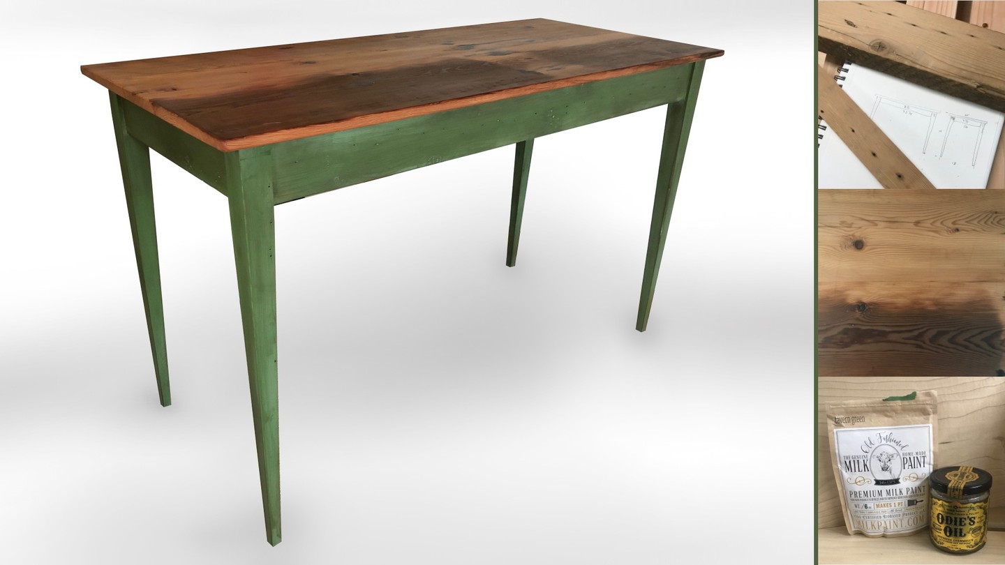 This was a reclaimed lumber excersise. I took an old rafter and some straight grained hemlock studs and made a simple table. The rafter became the top which I reswaed by hand, planed smooth and filled the old nail and bolt holes and voids with resin. Quick and fun one week project (not counting the milk painting, Rubio Monocoat and wax finish).