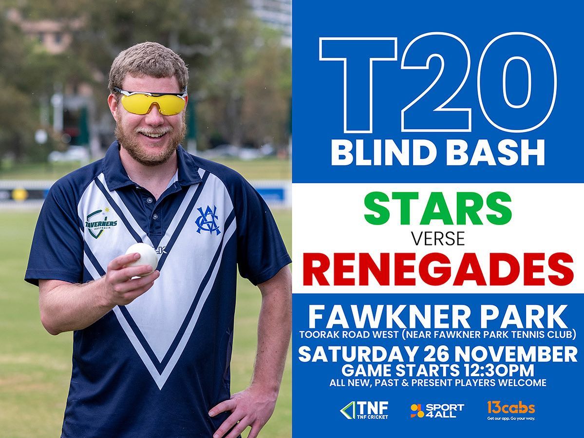 Round 2 this Saturday 26 November where we will play our next Blind Bash at Fawkner Park from 12:30pm. Meet at Midday for warm up.
Our ground is the closest to the Fawkner Park Tennis Club.
To register he the link https://play.cricket.com.au/club/victorian-blind-cricket-association/28f6a315-87d8-eb11-a7ad-2818780da0cc
.
.
.
.
Image Description: Navy background with image of blind cricket player wearing navy blue kit sweeping the ball while wicketkeeper watches on with text saying Twenty20 Blind Bash. Renegades verse Stars. Fawkner Park Toorak Road West, near Fawkner Park Tennis Club. Saturday 26 November . Game starts 12:30pm. All new, past and present players welcome. 13cabs logo, Sport4All logo & TNF cricket logo.
.
.
.
.
@cityofmelbourne @blindsportsrecvic @cricketvictoria
#blindcricket #disabilitysport #inclusion #inclusivesport #sport4all