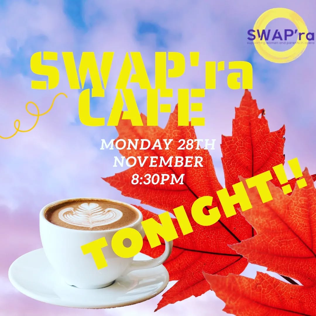 ** TONIGHT!!! ** - 8:30pm - Join us online at the SWAP'ra Cafe - a safe space to meet and connect with women and parents in opera. We'd love to see you there!
Click the link to find out more & register ➡️ https://www.swap-ra.org/cafe
#swapra #parentsinperformance #operamum #operadad #swapracafe #operasingersofinstagram