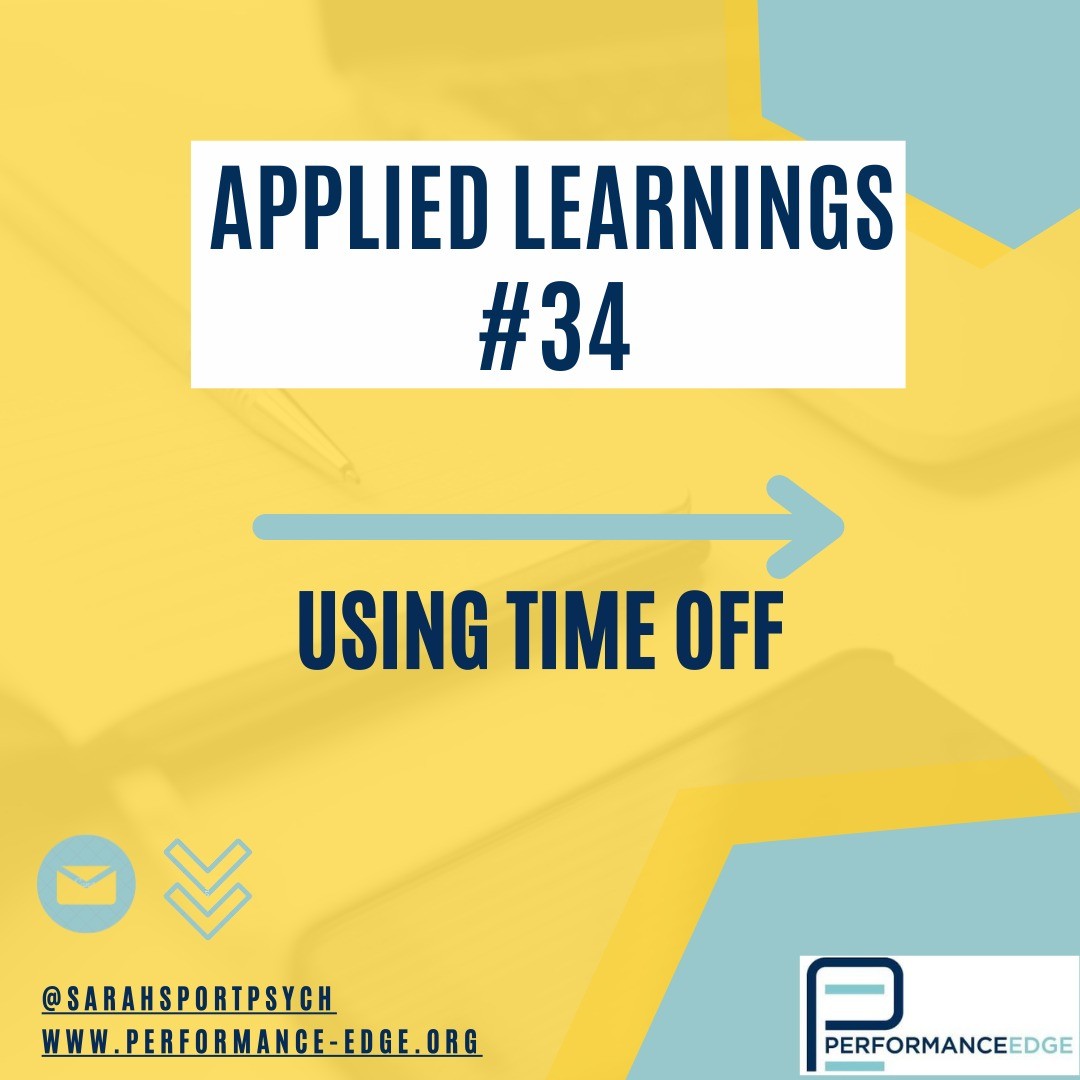 WEEK 34 Applied Learnings Series
Time off
Over the last year I've reflected on my time off & attitude towards it, the conclusion is that I get ill/feel drained by the time I take a break, I then recover so I'm on top form to go back to work.
A familiar picture? Something has to change.
It seems illogical that we should feel so battered whilst on our time off, so many coaches and staff I work with describe the day before they return to work as the day they start to feel reenergised.
Therefore they have been unable to use their time off with energy and to enjoy fully.
Are we using our time off to simply recover or can we go into a break already having the energy to enjoy it?
#sportpsychology #timeoff #disconnect #performancegains #appliedpractice #energy