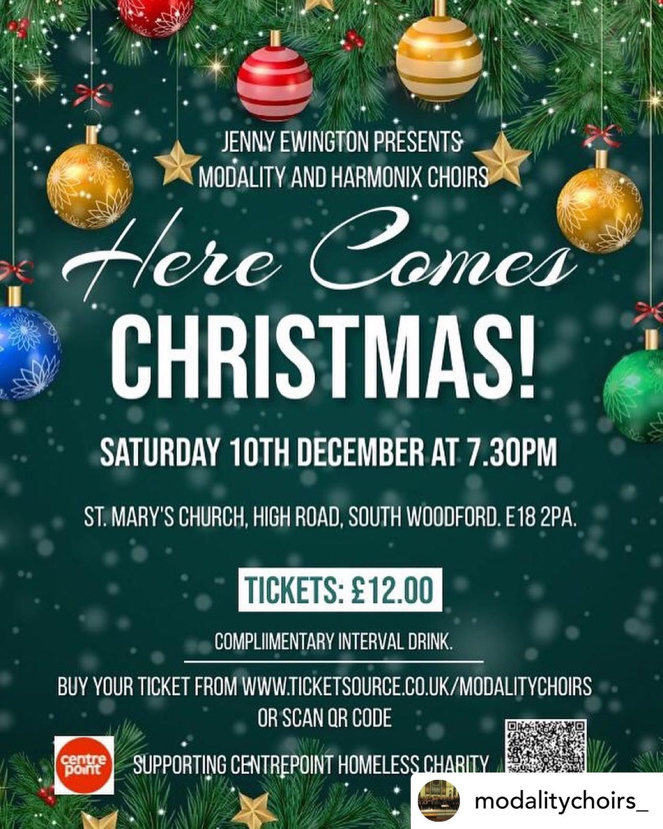 We’re delighted to support local choir and previous Stratford & East London Music Festival winners, Modality Choirs, and director, Jenny Ewington. ❤️
Please pop along if you’re local - it’s in support of a wonderful charity: @centrepointuk
Plus it’s a great opportunity to check out @stmaryswoodford, our venue for all band, orchestra and choir competition classes in February.
Posted @withrepost • @modalitychoirs_ Get ready because HERE COMES CHRISTMAS 🎄🎅🏼 The most wonderful time of the year! Modality Choirs brings you an amazing concert full of festive fun and Christmas Cheer! Find your tickets via the link in the Bio! #Modalitychoirs #HereComesChristmas #LocalChoir #ChristmasConcerts