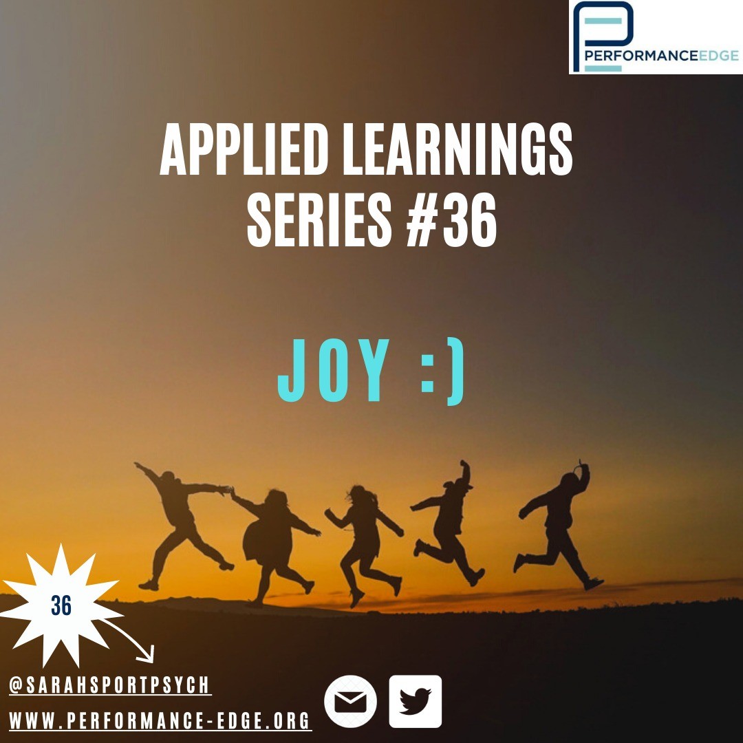 WEEK 36 Applied Learnings Series:
Joy :)
When was the last time you found the joy in your workday? Whilst some days it might be harder to spot, there are moments of joy in every day when we work alongside athletes and support staff.
From my experiences in sport, it is easy to treat every day and every interaction as a trigger for stress and increased work load. Taking the job seriously is important but remembering to have some fun will sustain you in your role!
Take time to pause and have some fun, find the joy in your role. Keep reconnecting to this and to why you do what you do.
#joyful #performancelessons #professionaljourney #sportpsychology #appliedpractice #havefun