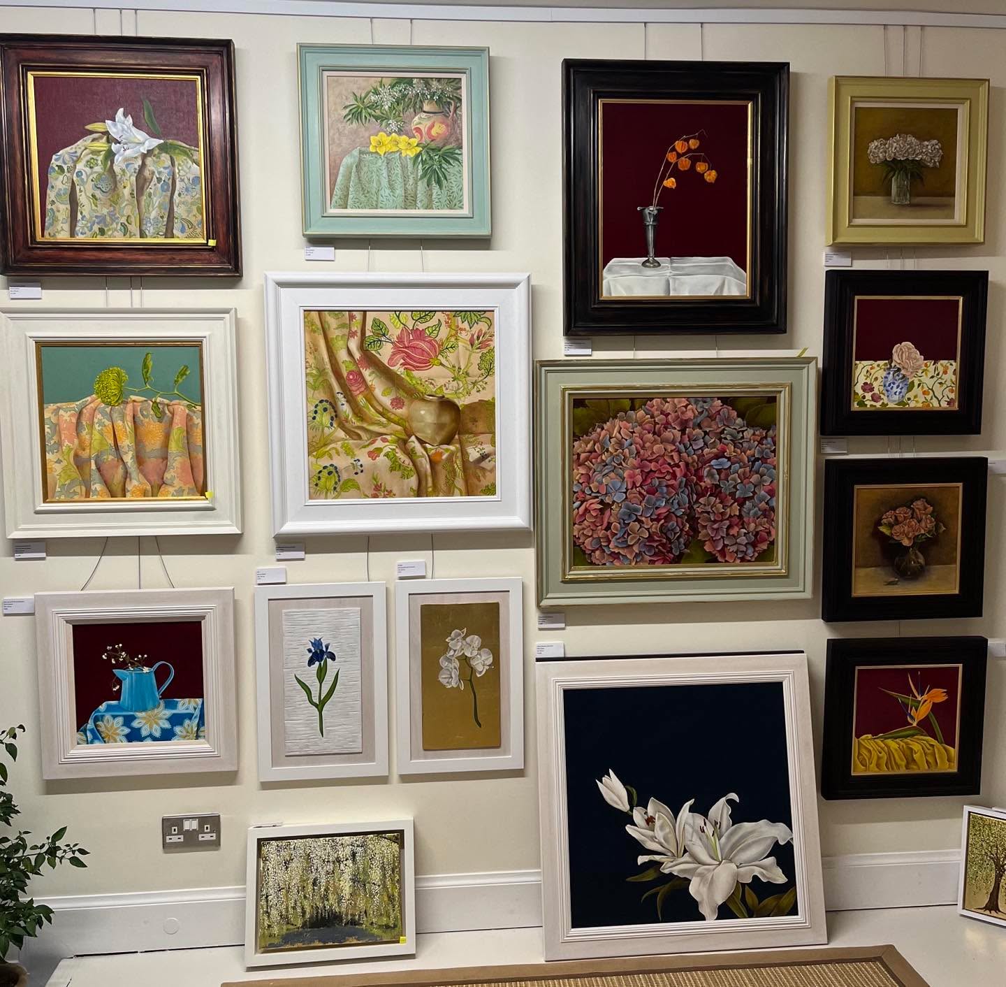 A wall of work #stilllifepaintings #scottishartist #loveart #flowers #gardening #fineart #fabric #wm Morris #liberty #artsandcrafts #edinburghartist