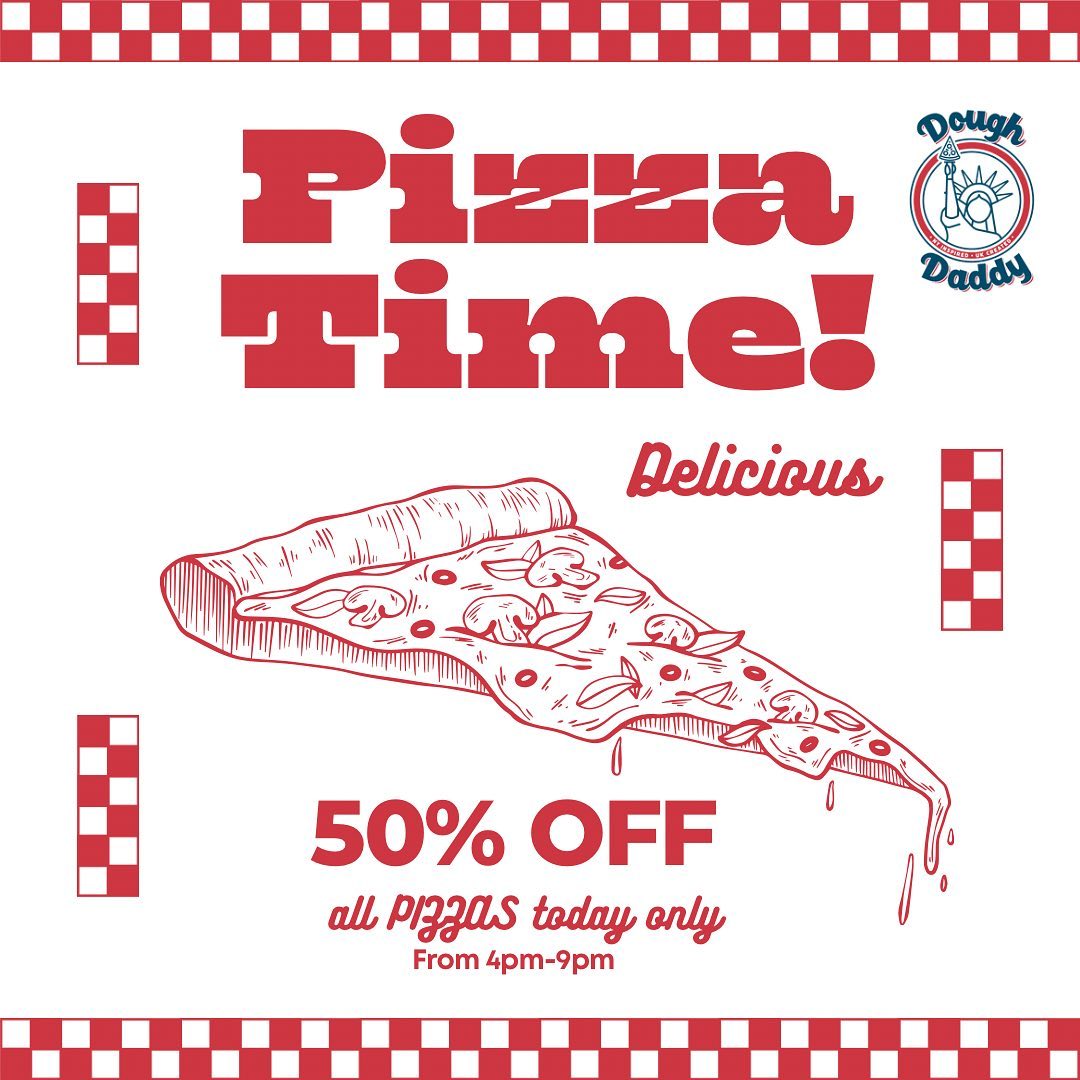 MAJOR ALERT - TELL THE WORLD
TODAY ONLY - 50% OFF ALL PIZZAS !
Yes that’s right from 4-9pm today we will be having 50% off any of our delicious pizzas (eat in only)
So leave the cooking to us 🍕and come grab a slice 🤩