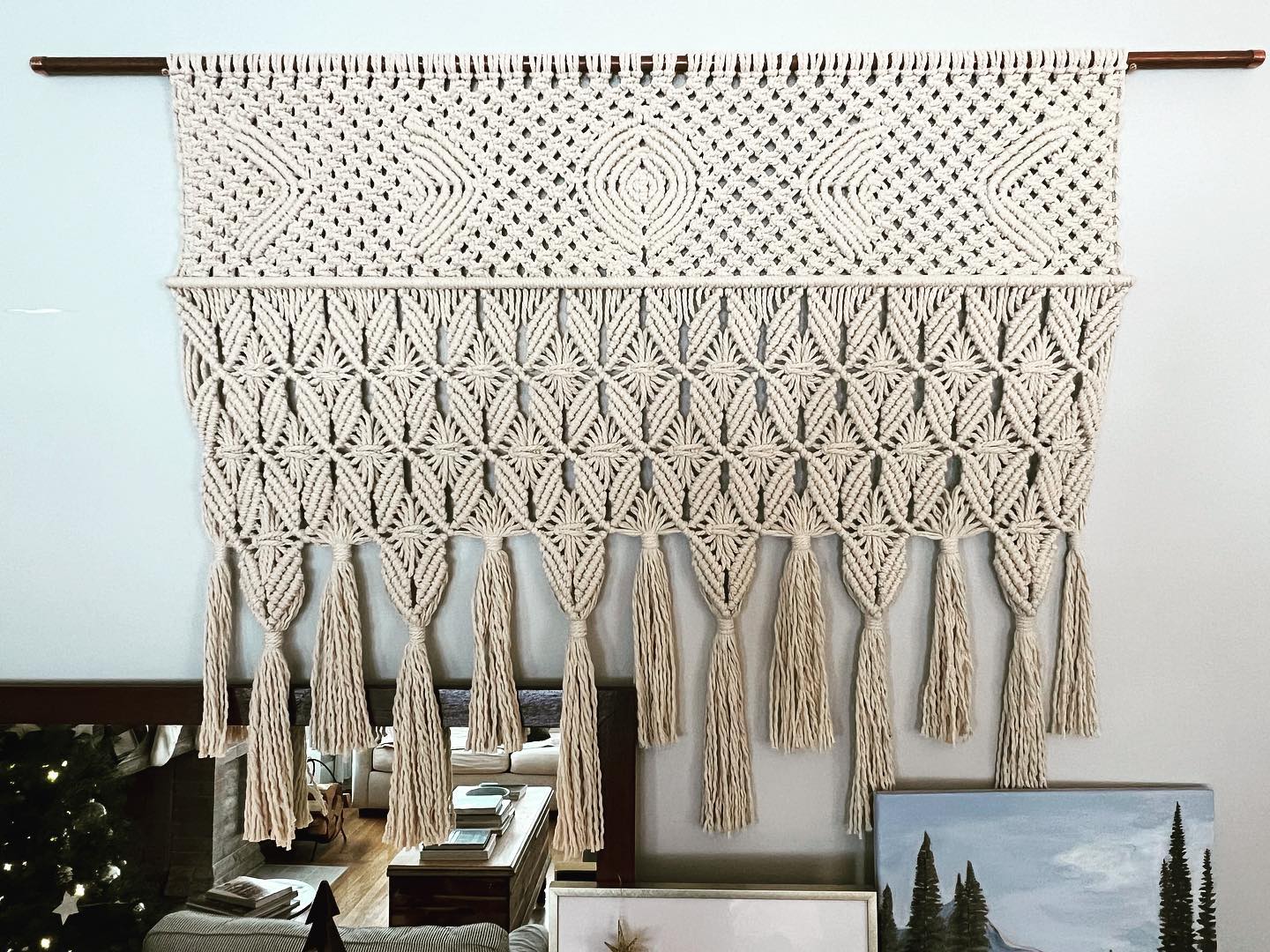 In honor of Winter Solstice; I wanted to share one of the macrame wall hangings I’ve just completed (appropriately named Solstice). Hung via copper, created with 5mm cotton cord, this beauty is a nod to the moon phases + starlit skies and will be available for purchase at next collection launch :-).