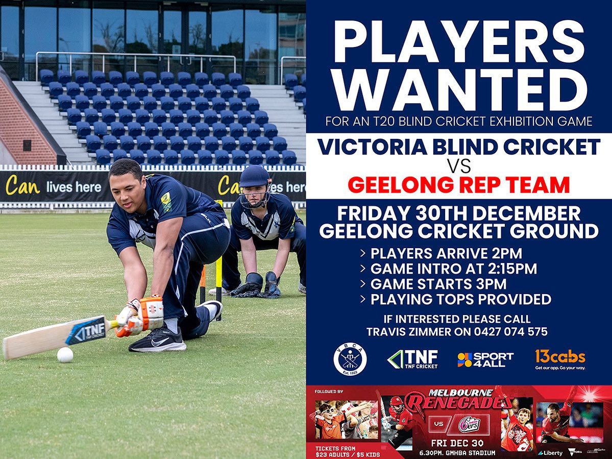 PLAYERS WANTED for Exhibition game in Geelong on Friday 30 December from the 2pm. 3 spots available. Please DM us here for more details
Afterwards why not head into the @bbl game @renegadesbbl v @sixersbbl that start directly after the exhibition game
Image Description: Navy background with image of blind cricket player wearing navy blue kit sweeping the ball while wicketkeeper watches on with text saying Players Wanted for an T20 Blind Cricket Exhibition Game. Victorian Blind Team vs Geelong Rep Team. Friday 30 December at Geelong Cricket Ground Players arrive at 2pm, Game intro at 2:15pn. Game starts at 3pm. Playing tops will be provided. If you are interested please contact Travis Zimmer on 0427 074 575. 13cabs logo, Sport4All logo & TNF cricket logo. Renegades v Sixers game at 6:30 at GMHBA stadium after Exhibition game.
.
.
.
.
@cityofgreatergeelong @blindsportsrecvic @cricketvictoria
#blindcricket #disabilitysport #inclusion #inclusivesport #sport4all
