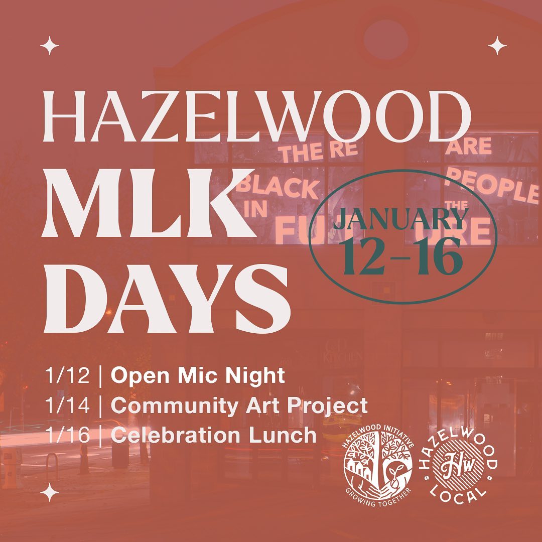 Hazelwood Local @hazelwoodlocal is partnering with Hazelwood Initiative to host three great events in celebrations and remembrance of Martin Luther King Jr. All events are free, but please RSVP to reserve your spot for the MLK Day Brunch:
OPEN MIC NIGHT:
Thursday, January 12th
7pm - 9pm
Hazelwood Cafe - 5017 Second Avenue, Pittsburgh, PA 15207
Open Mic host @misskeea of Girls Running Shit. Join us for an evening of spoken word, poetry and acoustic music. No need to sign up now, just show up and put your name on the list.
Link in bio💛💛💛