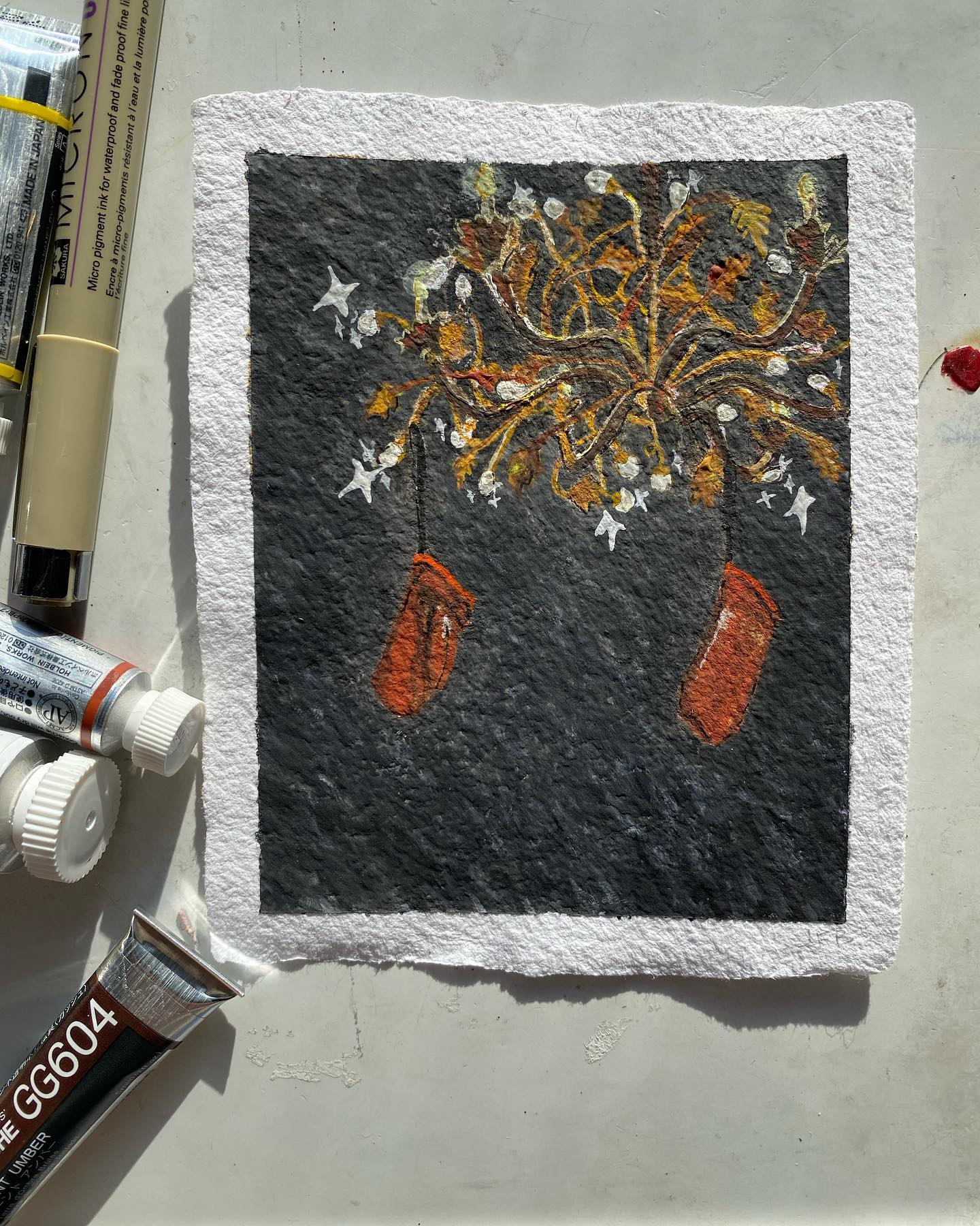 “Mittens,” Gouache on watercolor paper, 4x5”
💫For sale💫 for $50 + shipping
For reasons unclear, our apartment came with not one, but two! opulent chandeliers in it. Sometimes my partner hangs his mittens from the one in the living room in winter time (also for reasons unclear).