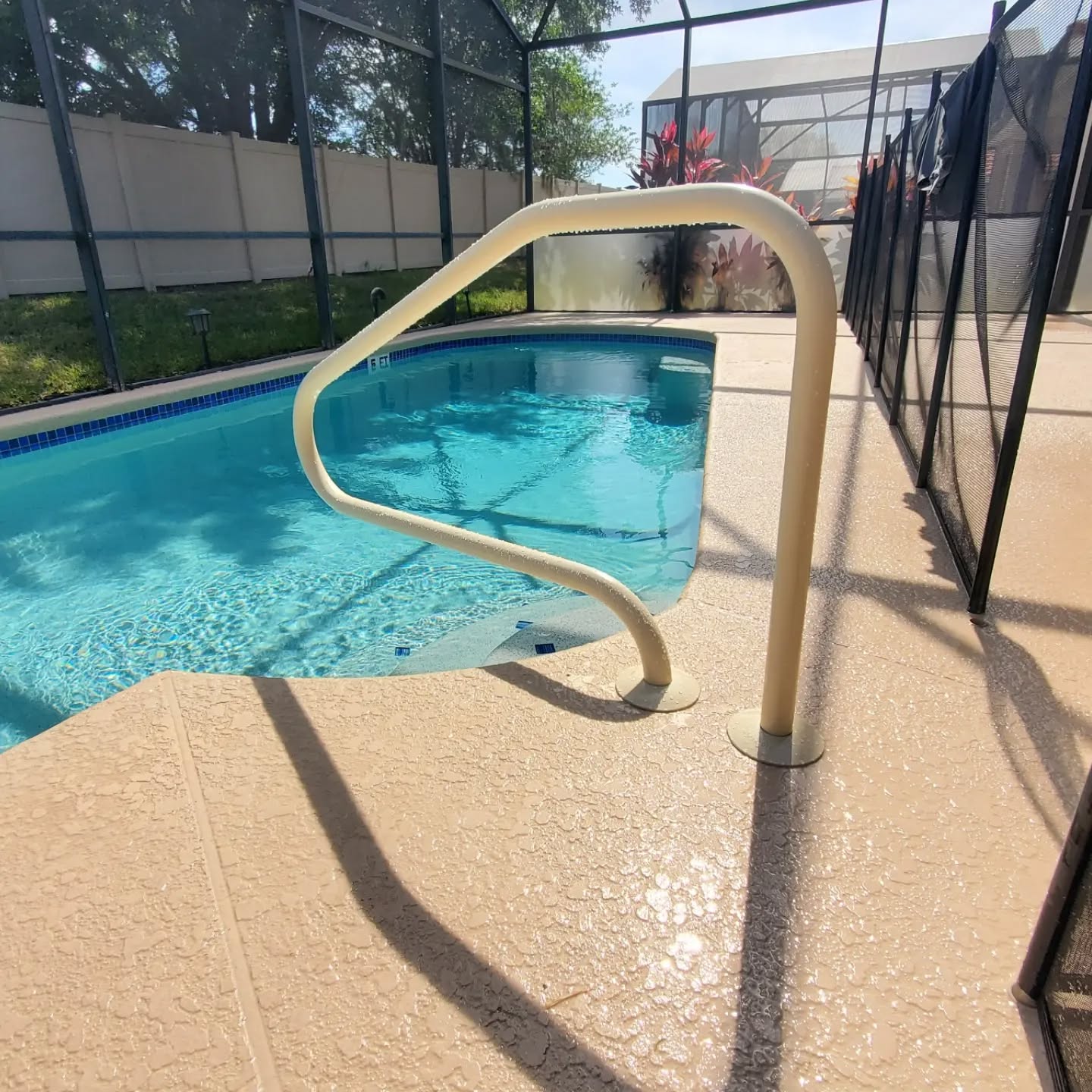 Handrails are a great safety feature to add to any pool. Stair depth can be very deceiving in the water, and having a rail to grab gives you the stability to enter and exit your pool with confidence. Especially if you are getting old like we are!