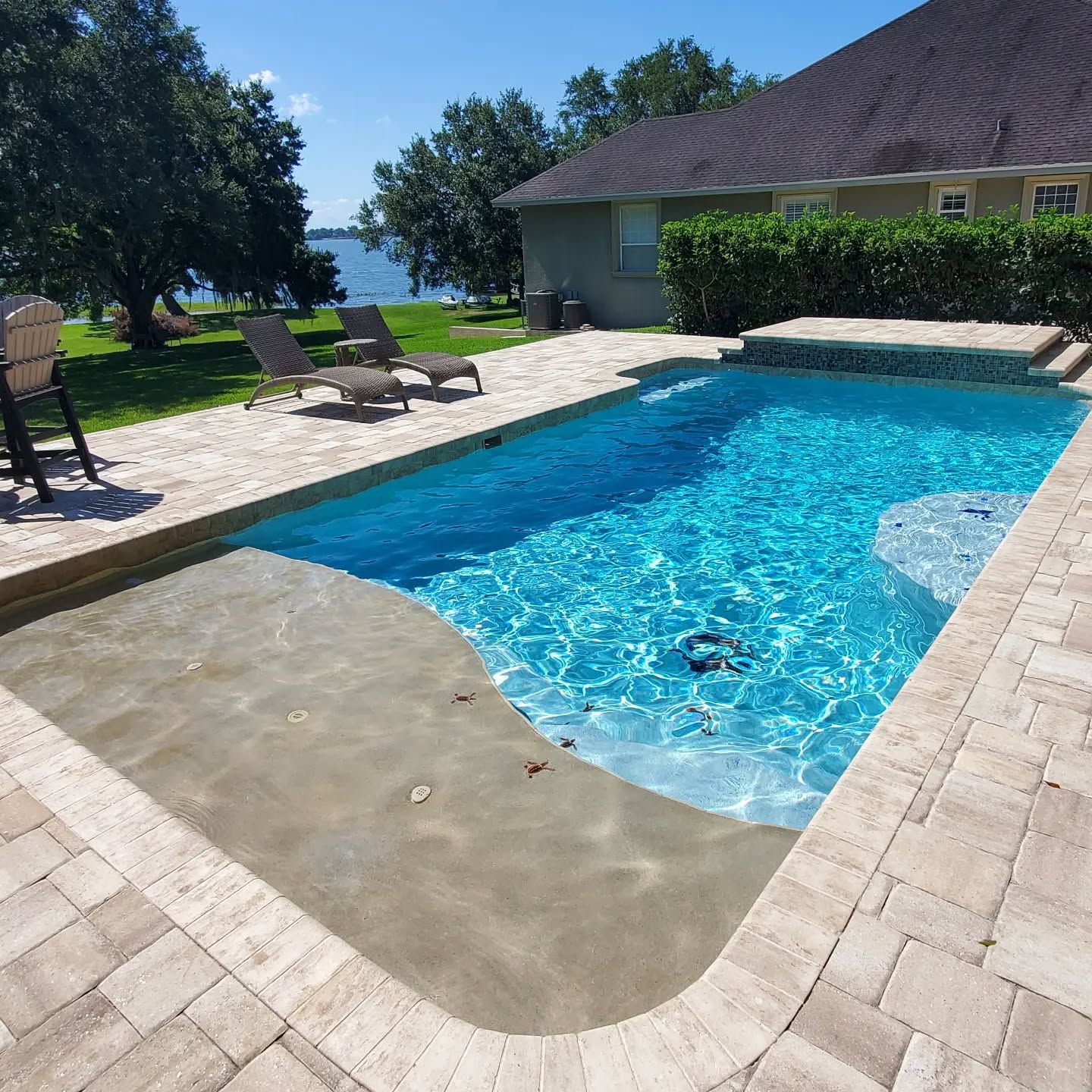 2 tone surface on this pool with an added sun shelf. Turtle mosaics to finish it off.