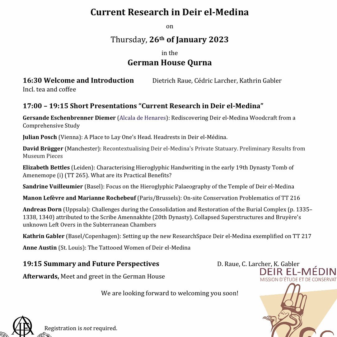 First 'Current Research in Deir el-Medina' to be held in the German House in Qurna / Luxor West Bank. All neighbours welcome:)
