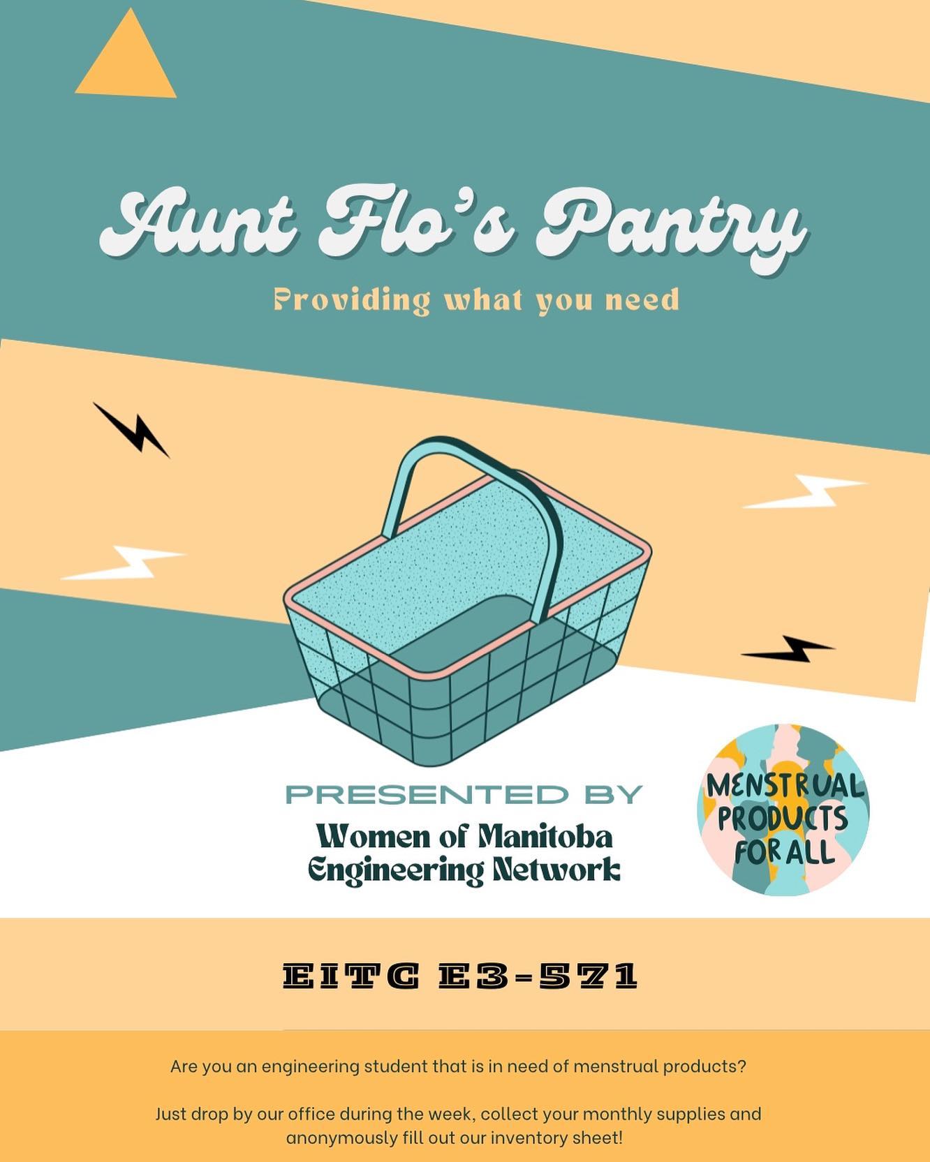 Aunt Flo’s Pantry is up and running! If you are a menstruating engineering student that is in need of products, stop by our office to collect your monthly supply. Just anonymously fill out our inventory sheet so we can keep track of stock. Check out the link in our bio to find more information.
Note: This program is different from our emergency product supply. It is to provide a monthly amount of support at once to students in need. Full boxes of tampons and pads are available.