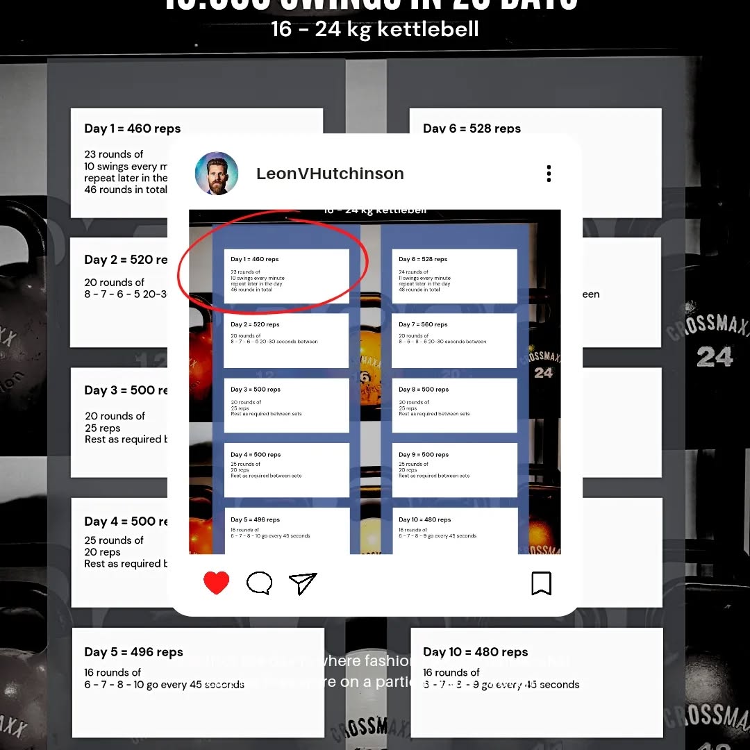 It's the 1st February tomorrow
That means day 1 of the 10.000 swing challenge.
I'll be kicking it off with 460 swings
2 identical sessions
10 swings every minute for 23 minutes in the morning and them 10 swings every minute for 23 minutes in the evening.
Nice and easy start.
It's about volume and discipline not intensity. No need to kill yourself on the first day.
There's still time to join in.
Send me i DM if you want a 10.000 swings program 20, 24 or 28 days 💪
#10000swingchallenge
#kettlebellswings
#february